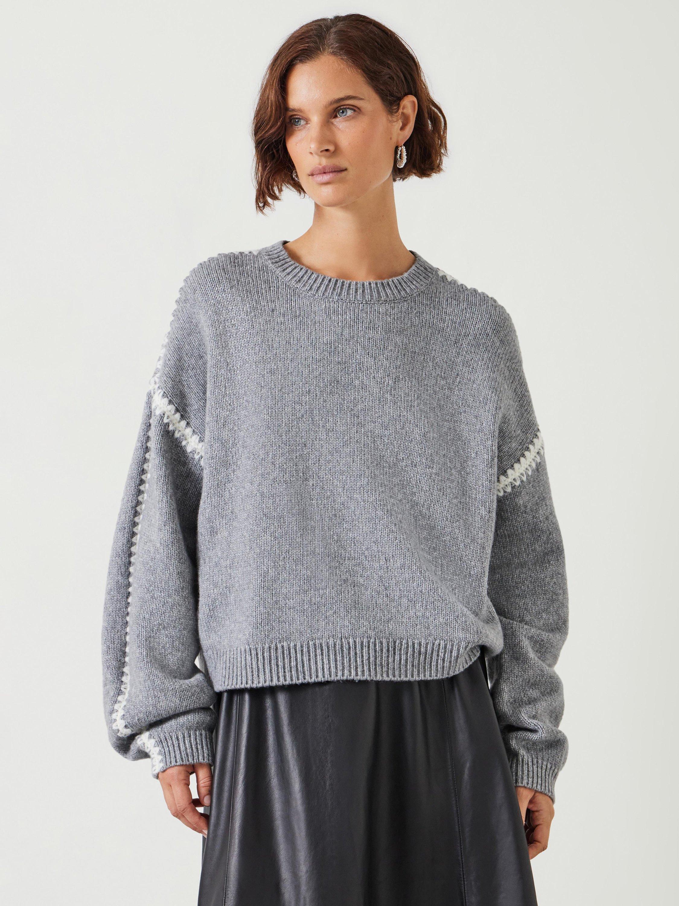 Product image 1 of 5, which shows HUSH Whitney Wool Blend Stitch Detail Oversized Jumper, Light Grey Marl, XXS