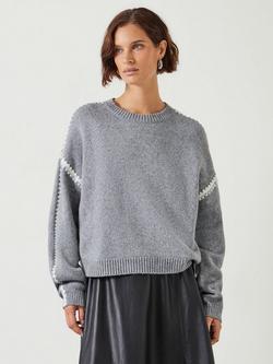 HUSH Whitney Wool Blend Stitch Detail Oversized Jumper, Light Grey Marl