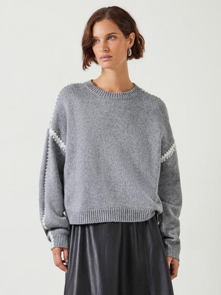 HUSH Whitney Wool Blend Stitch Detail Oversized Jumper, Light Grey Marl