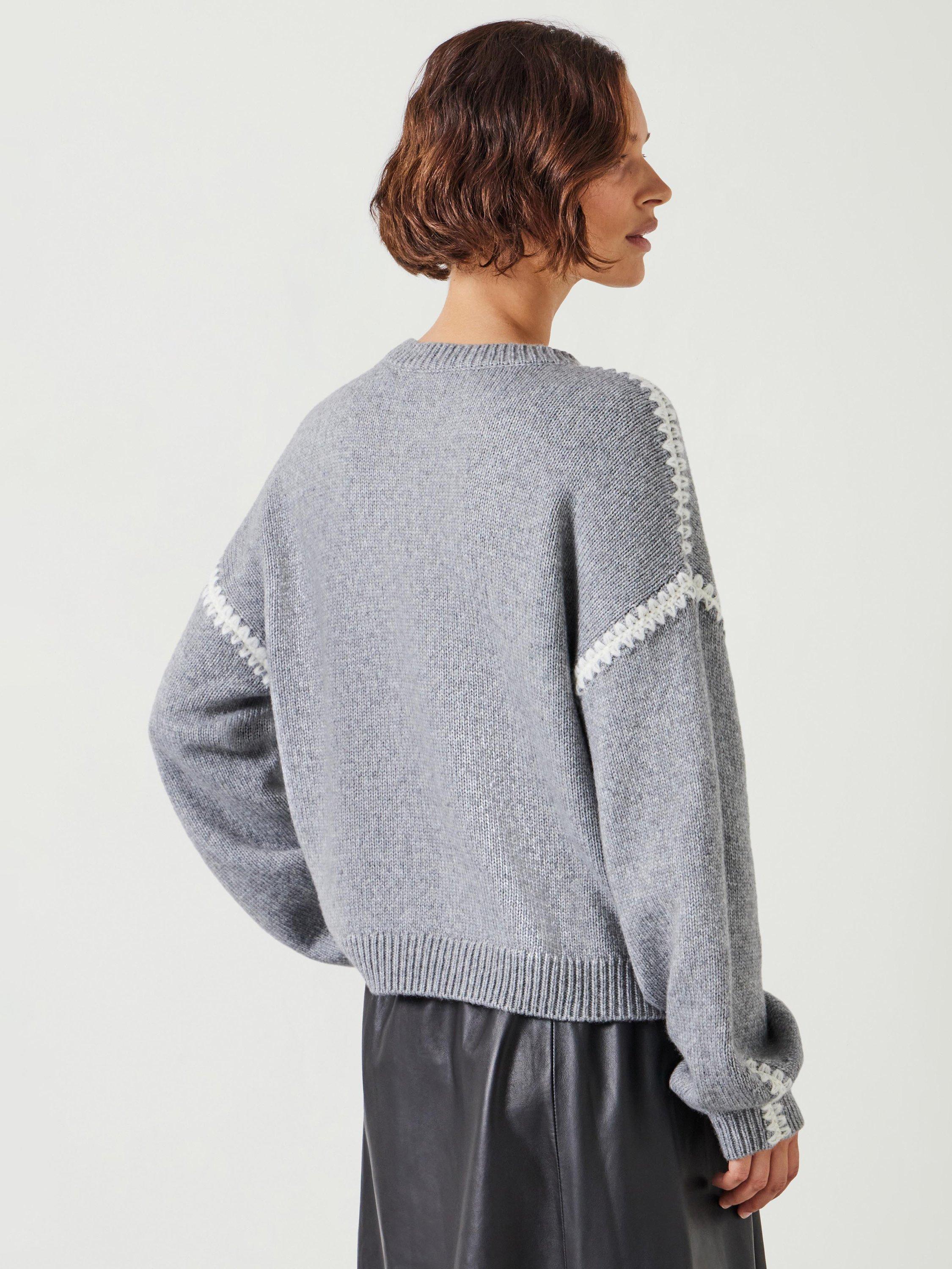 Product image 3 of 5, which shows HUSH Whitney Wool Blend Stitch Detail Oversized Jumper, Light Grey Marl, XXS