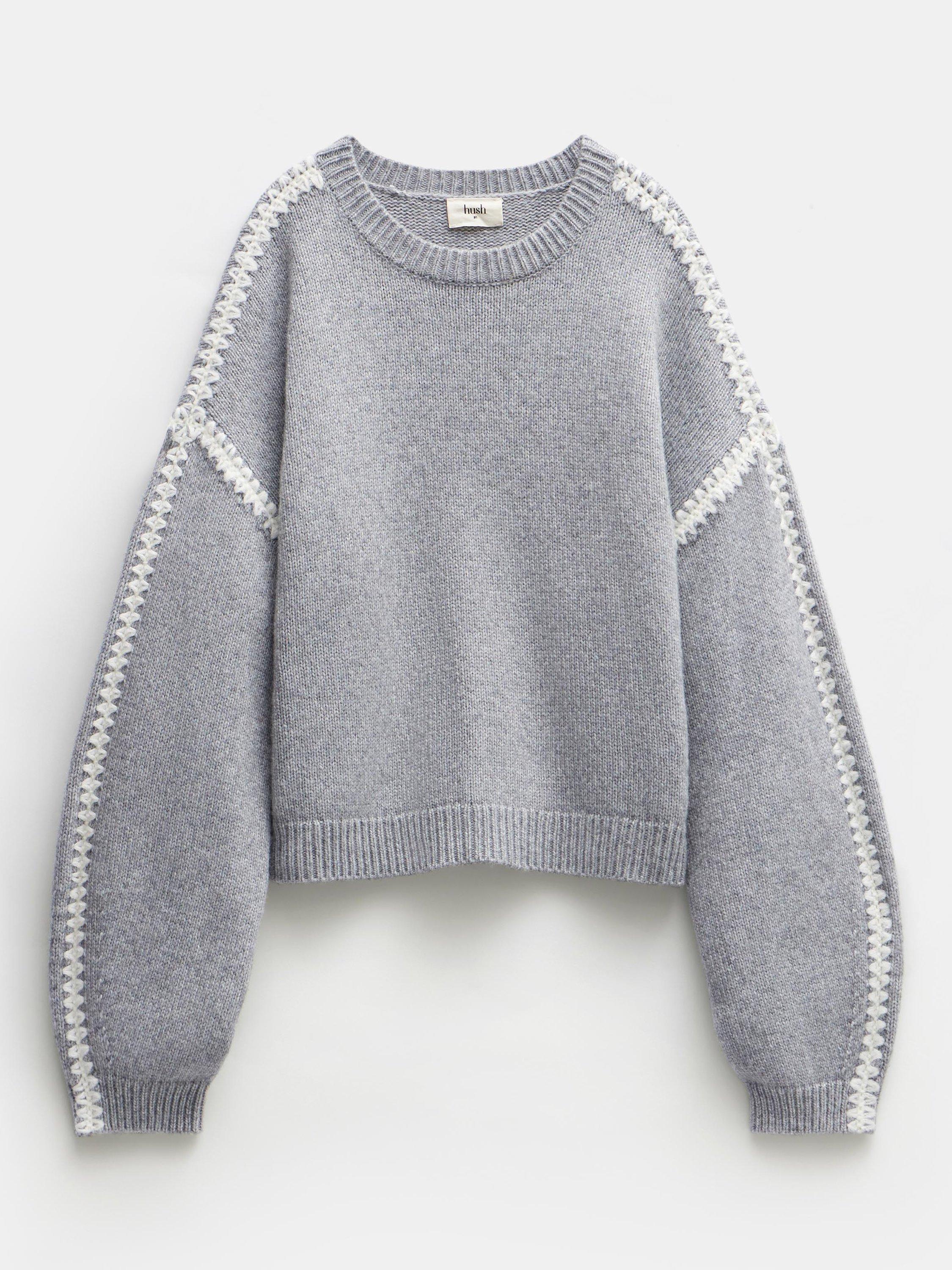 Product image 4 of 5, which shows HUSH Whitney Wool Blend Stitch Detail Oversized Jumper, Light Grey Marl, XXS