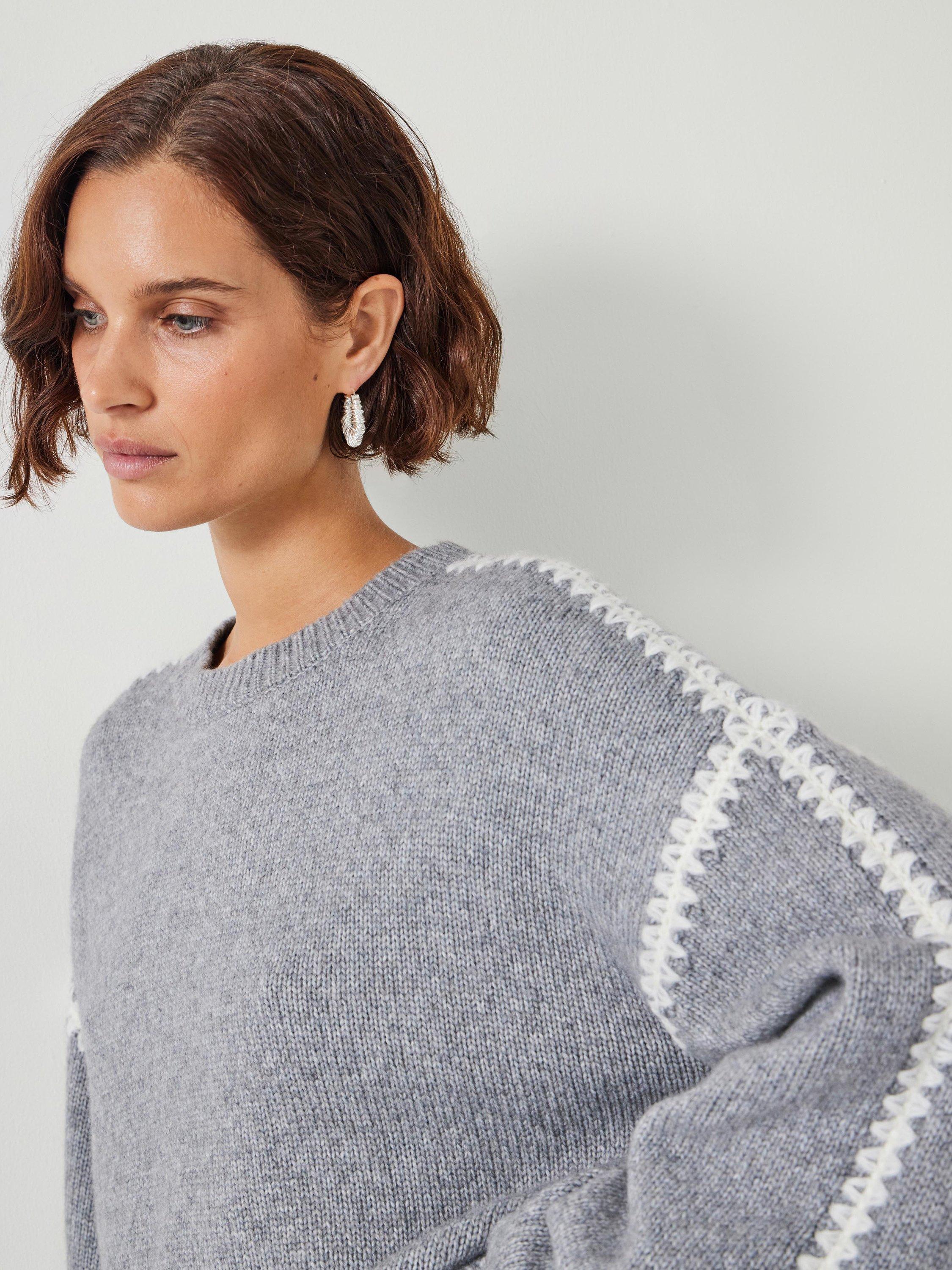 Product image 5 of 5, which shows HUSH Whitney Wool Blend Stitch Detail Oversized Jumper, Light Grey Marl, XXS