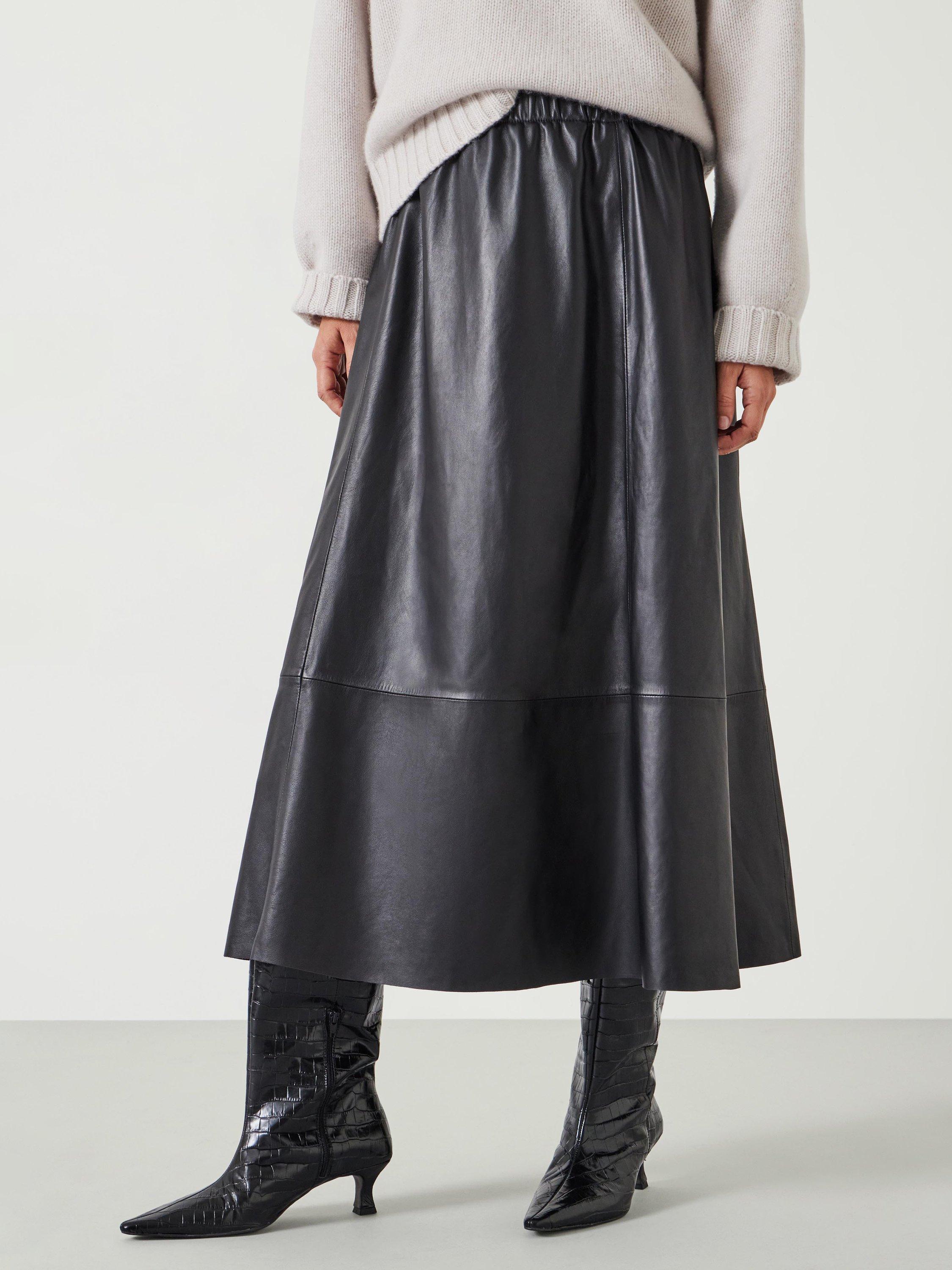 Product image 1 of 5, which shows HUSH Agatha Leather Midi Skirt, Black, L