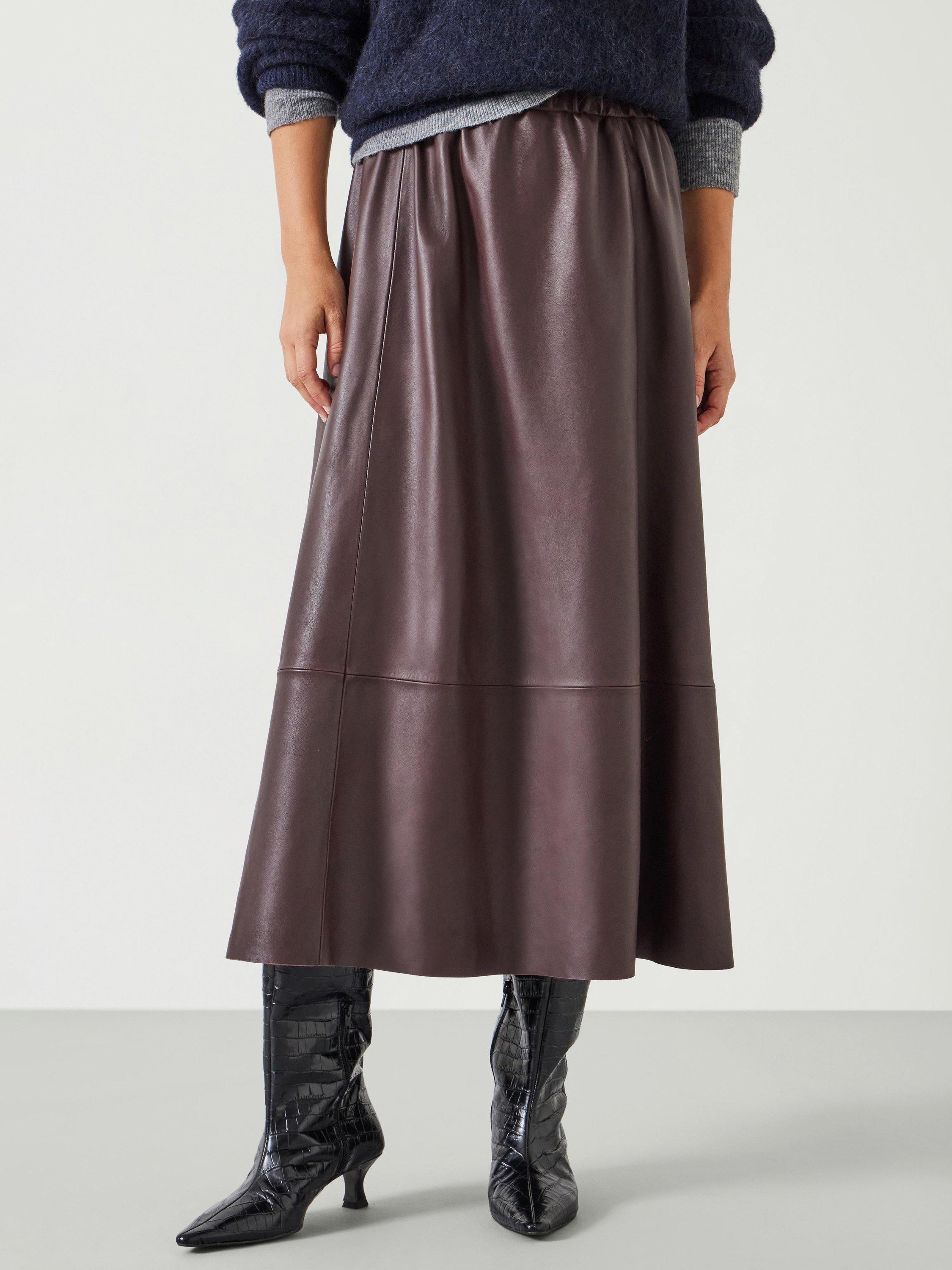 Product image 1 of 5, which shows HUSH Agatha Leather Midi Skirt, Dark Red, XXS