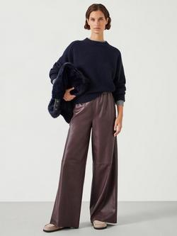 HUSH Agatha Leather Elasticated Waist Wide Leg Trousers - view 2, Brown