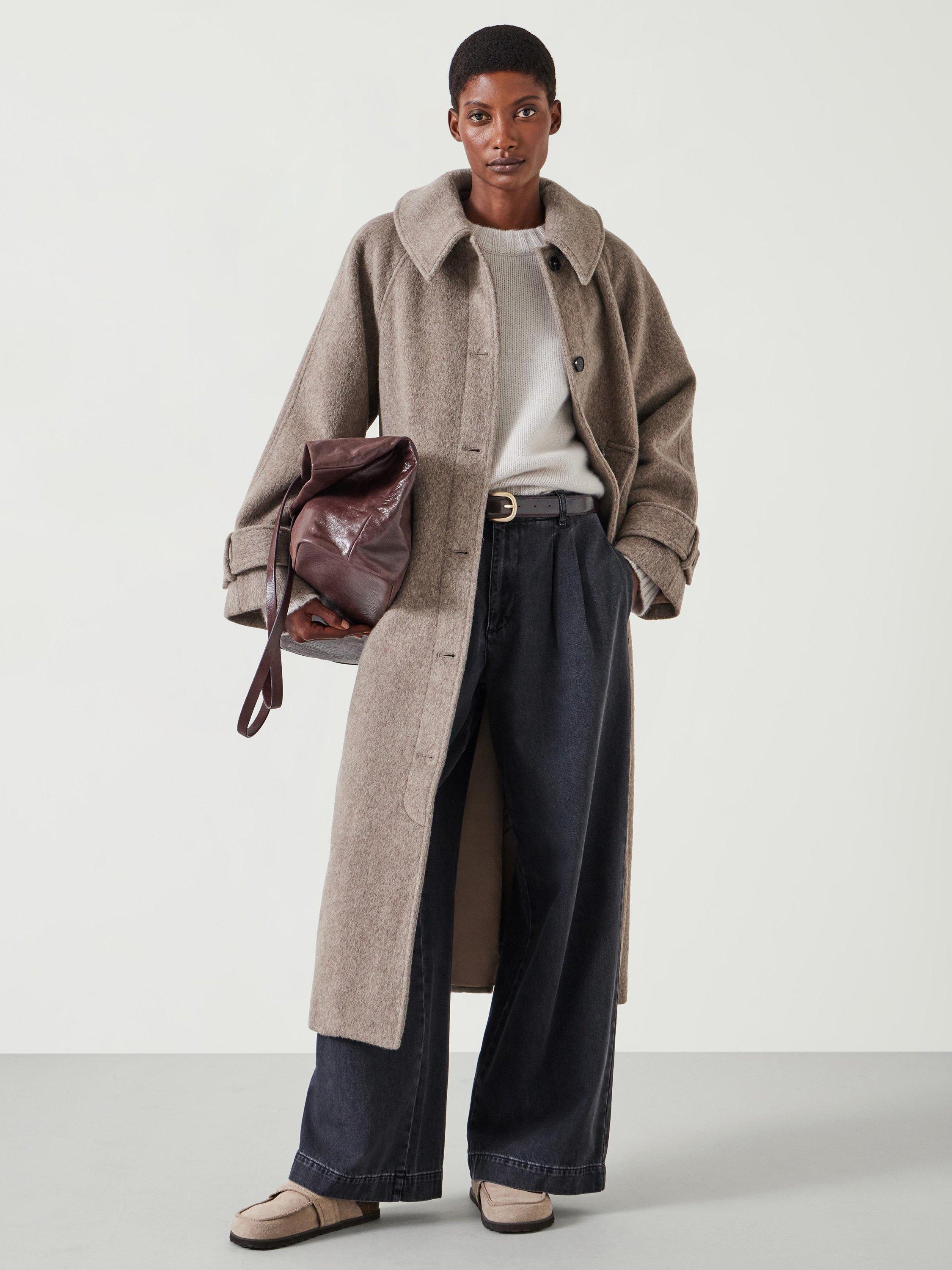 Product image 1 of 5, which shows HUSH Munroe Pure Wool Cocoon Coat, Oatmeal Grey, XS