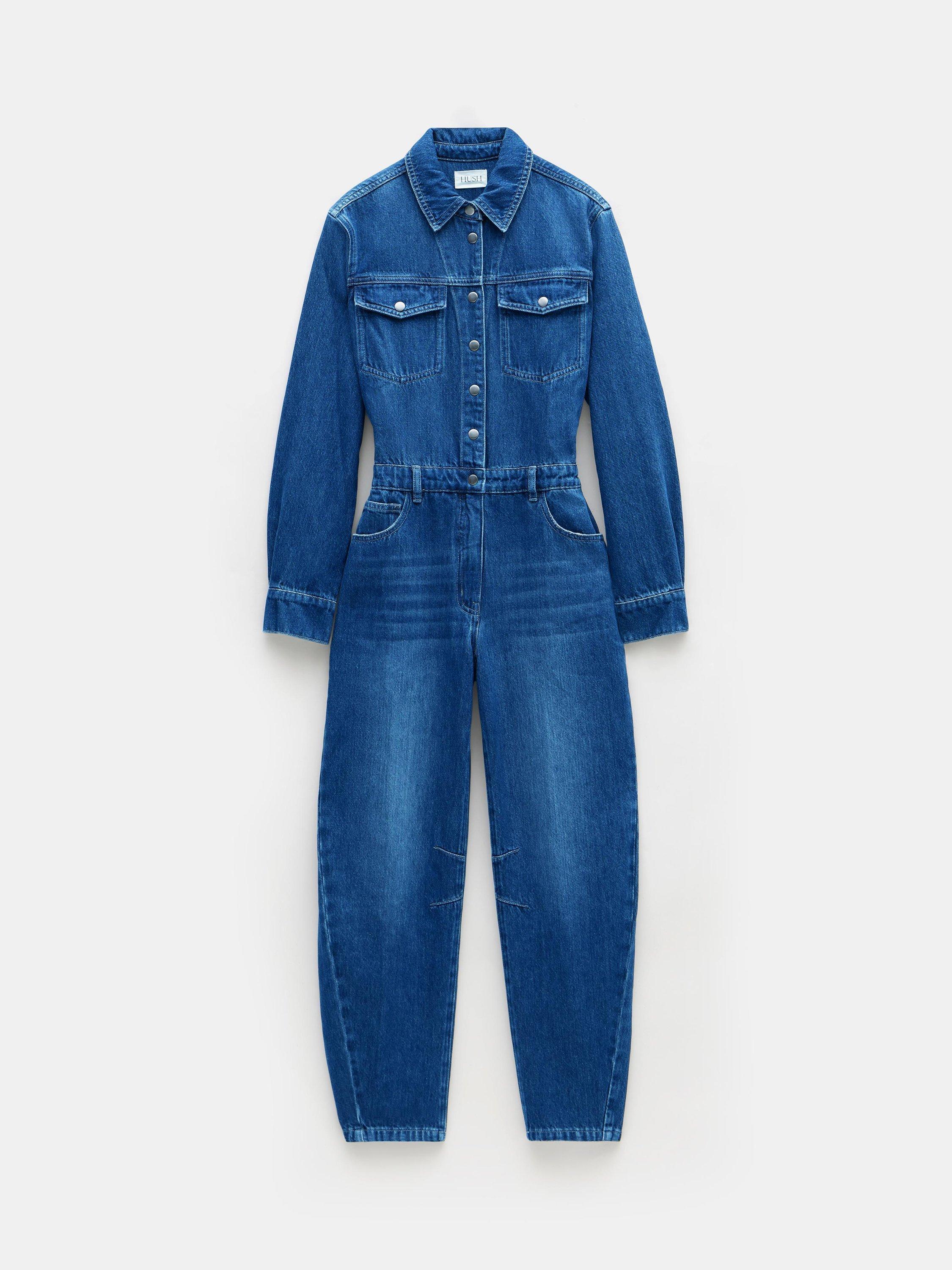 HUSH Barrel Leg Denim Jumpsuit Blue