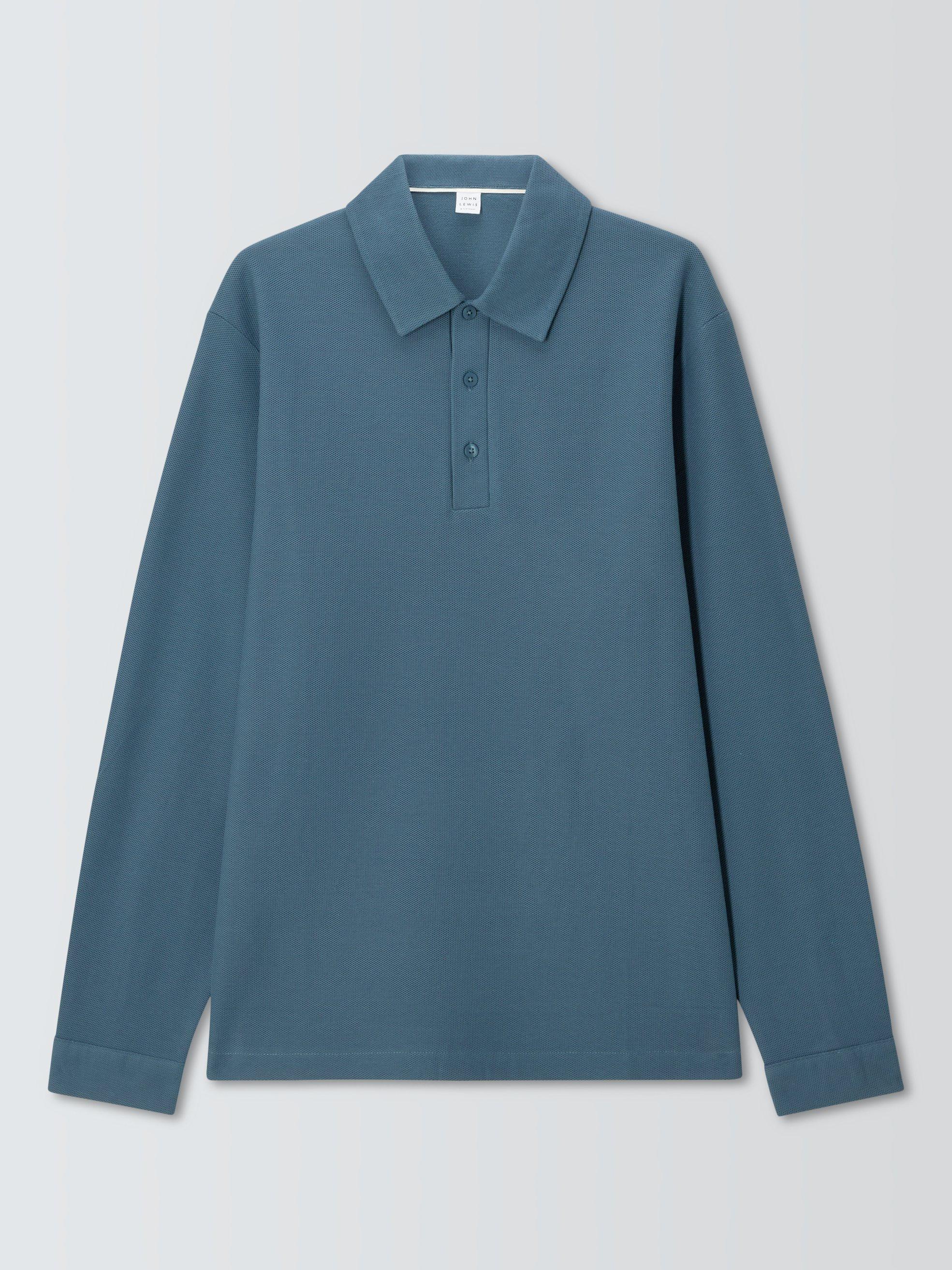 Product image 4 of 6, which shows John Lewis Long Sleeve Supima Cotton Pique Polo Shirt, China Blue, S