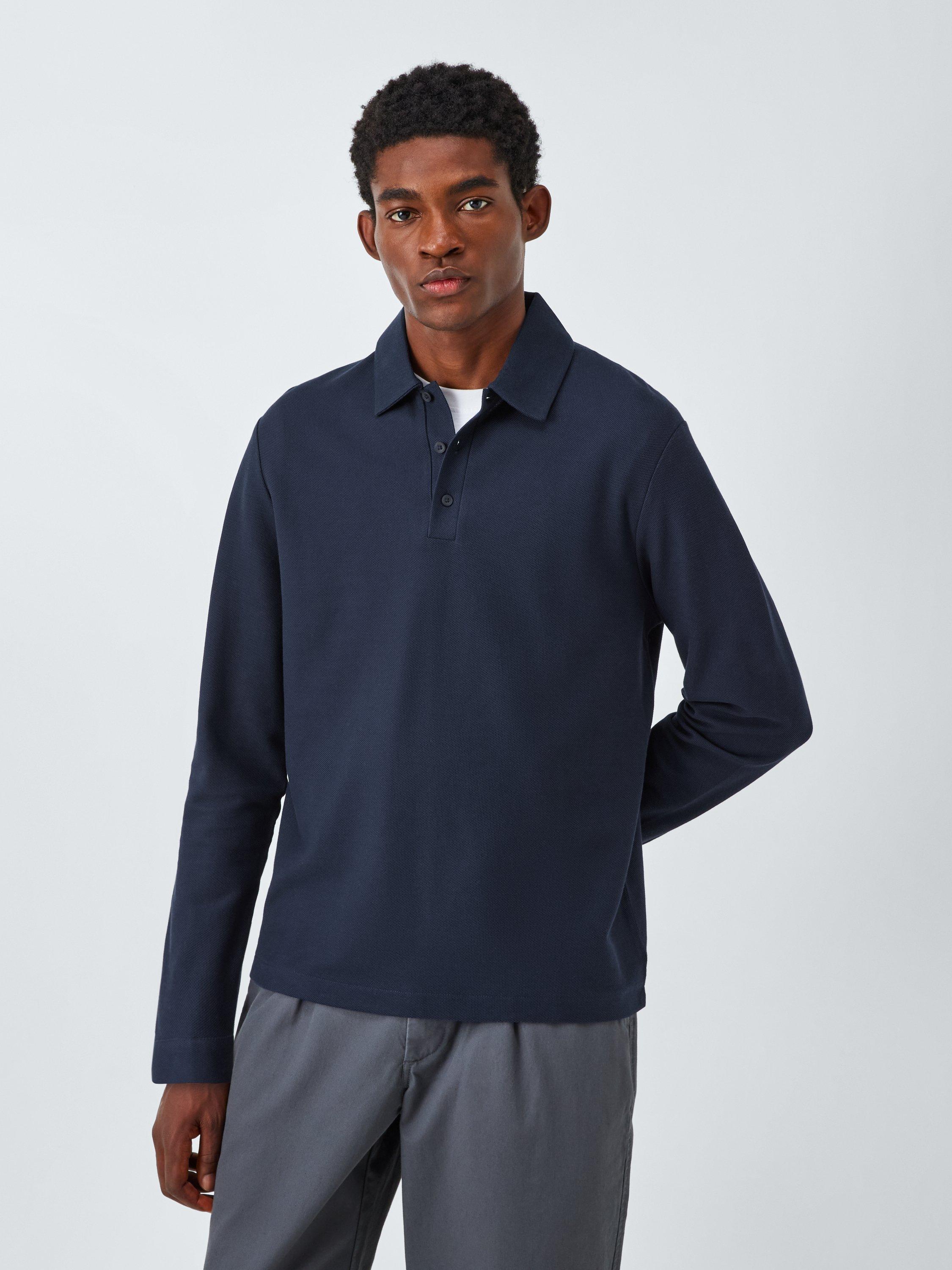 Product image 1 of 6, which shows John Lewis Long Sleeve Supima Cotton Pique Polo Shirt, Midnight, S