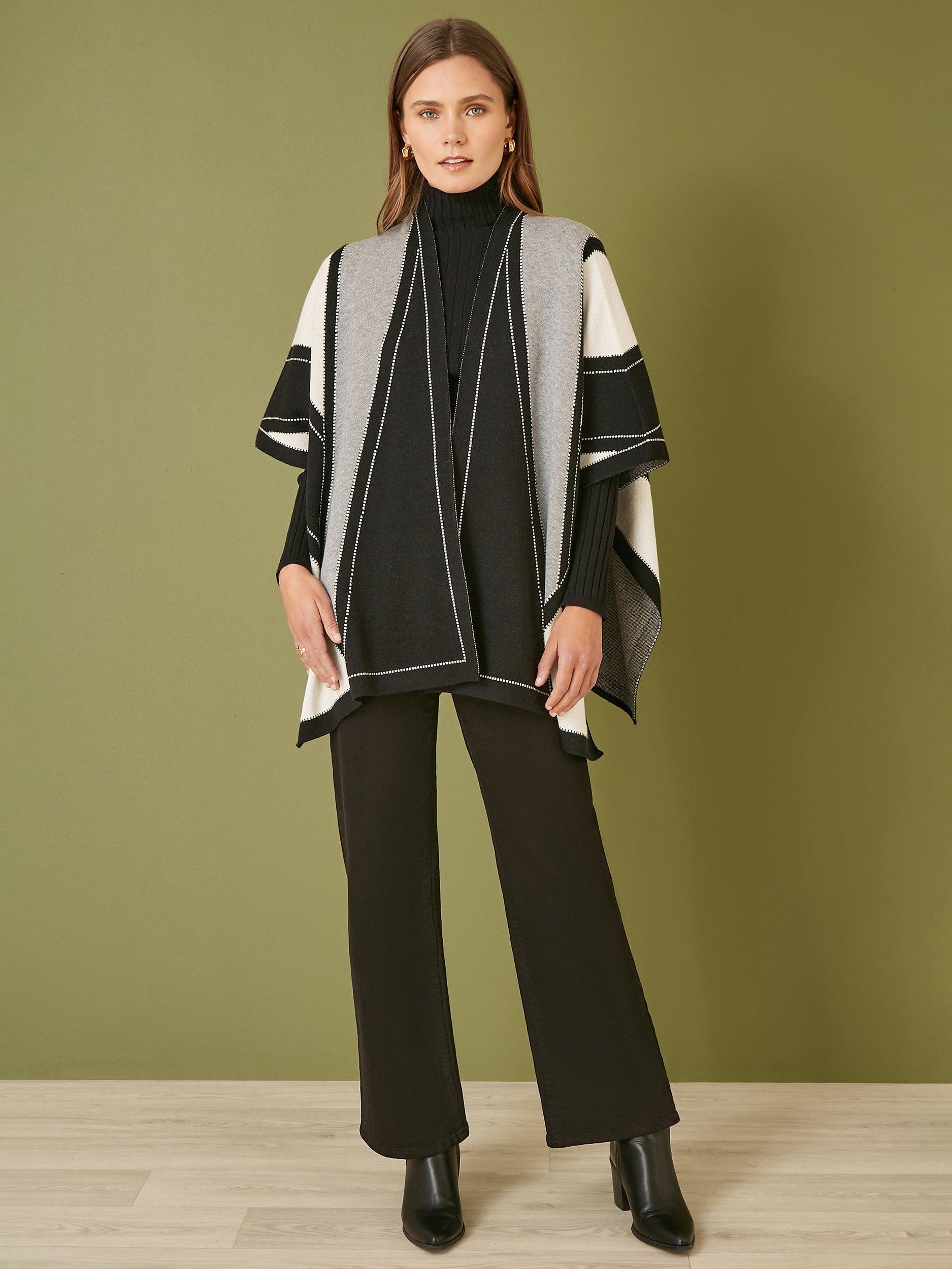 Product image 2 of 4, which shows Yumi Colour Block Knitted Cape, Black