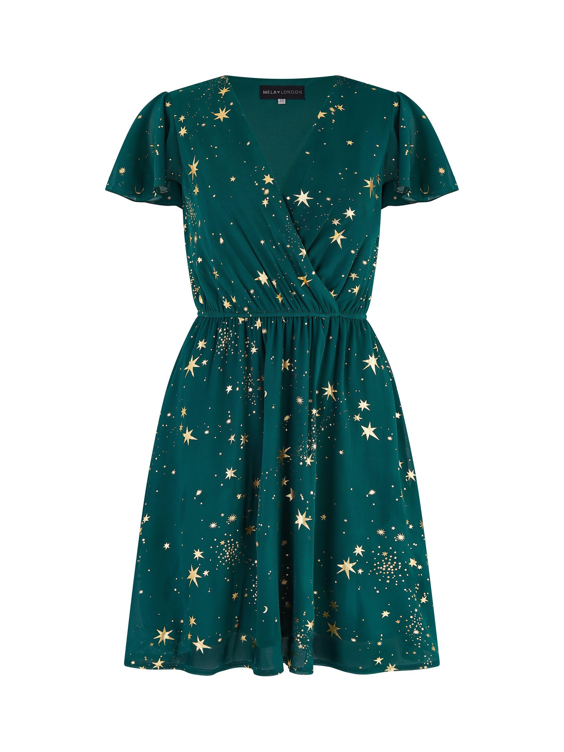 Product image 5 of 5, which shows Mela London Star Print Skater Dress, Green/Gold, 8