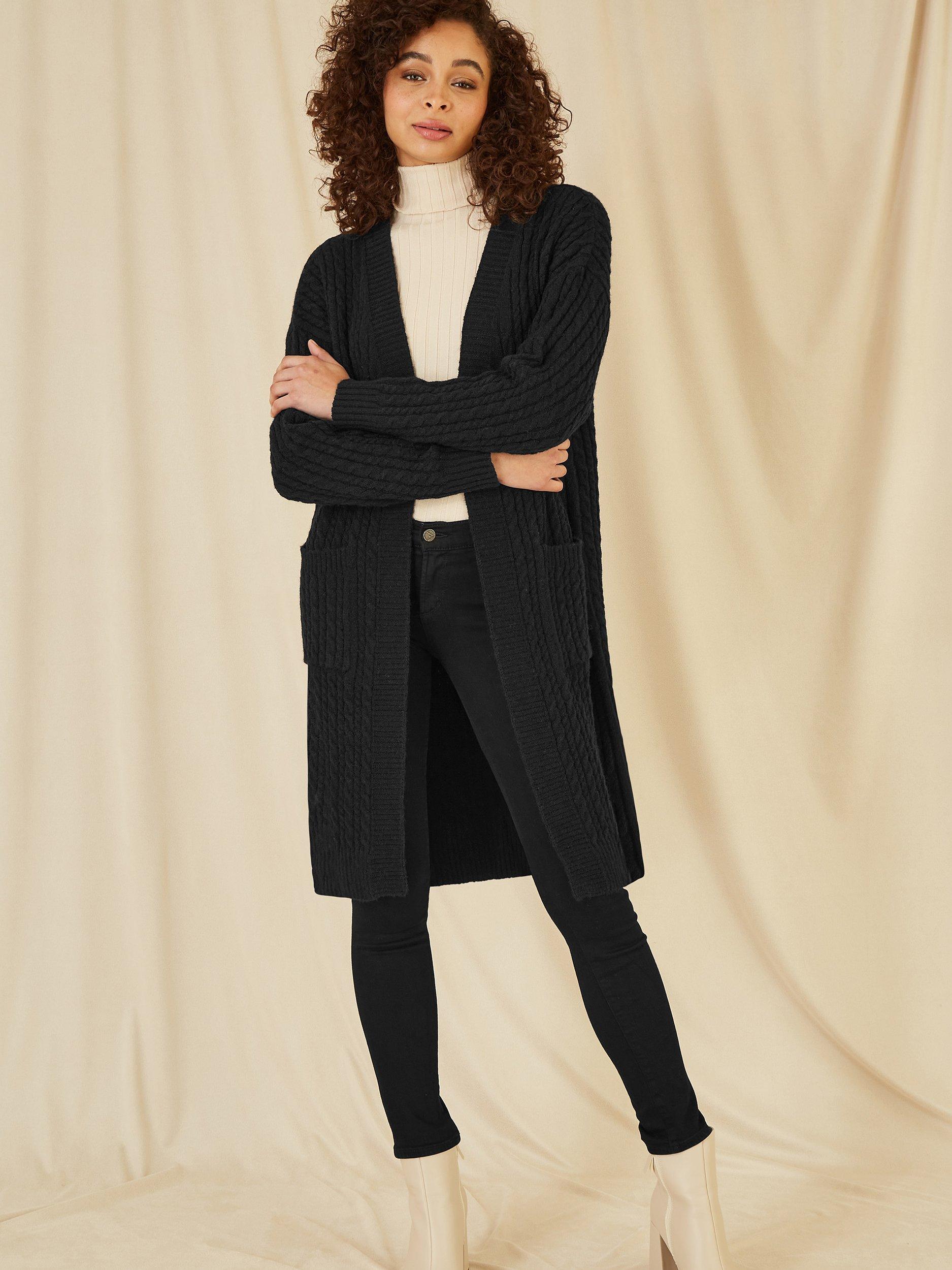 Product image 2 of 4, which shows Yumi Longline Cable Knit Cardigan, Black, S-M