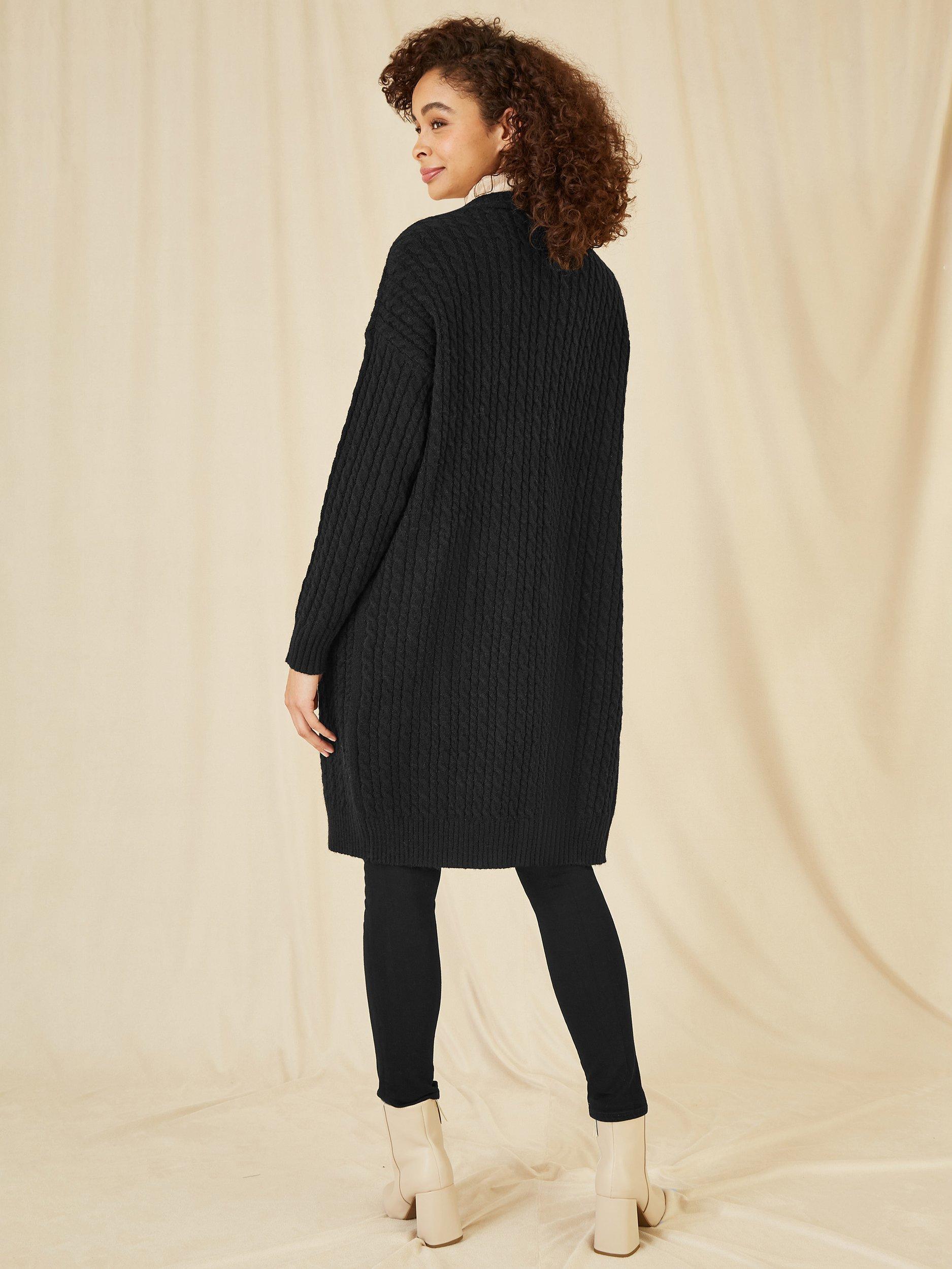 Product image 3 of 4, which shows Yumi Longline Cable Knit Cardigan, Black, S-M