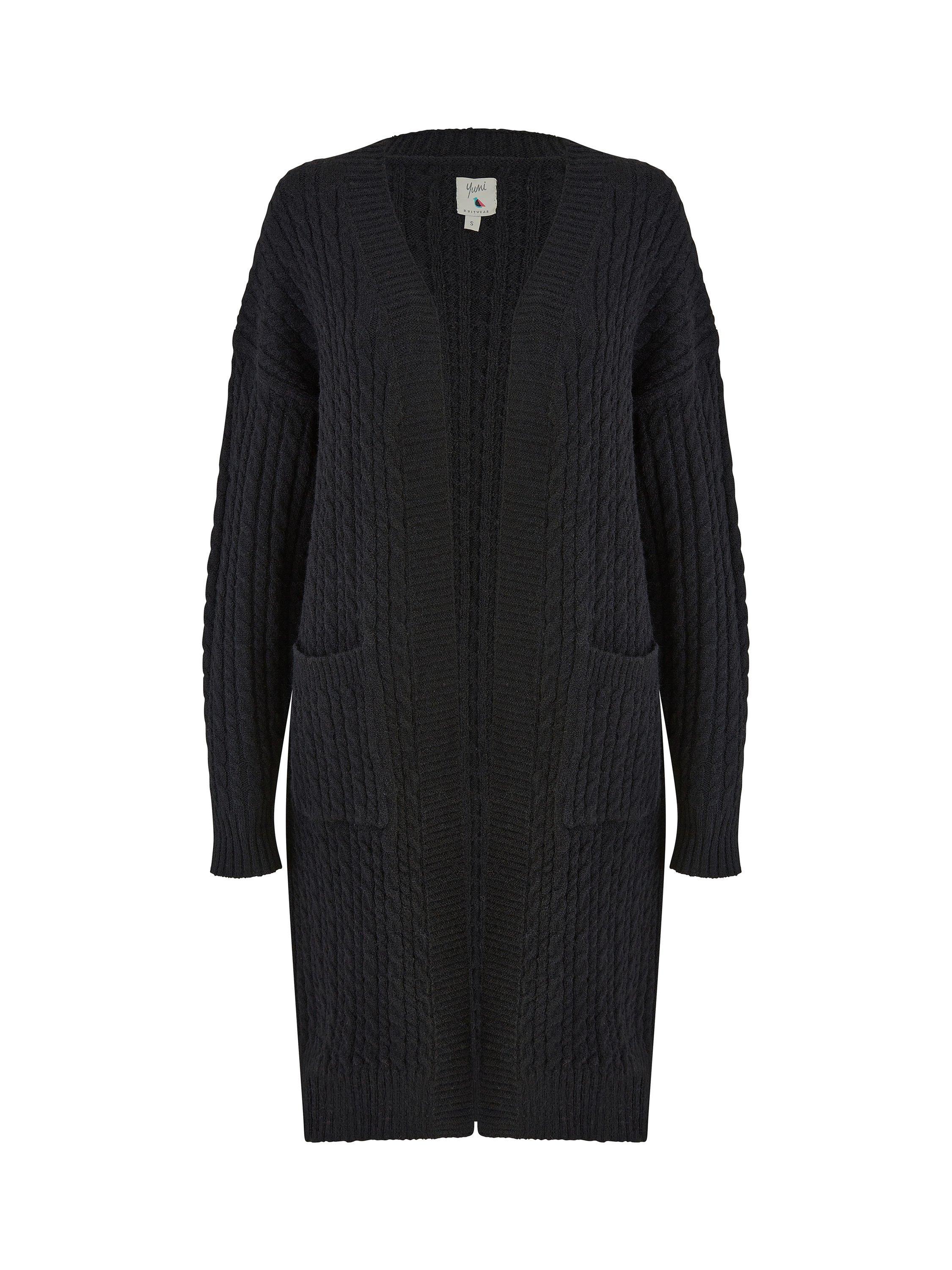 Product image 4 of 4, which shows Yumi Longline Cable Knit Cardigan, Black, S-M