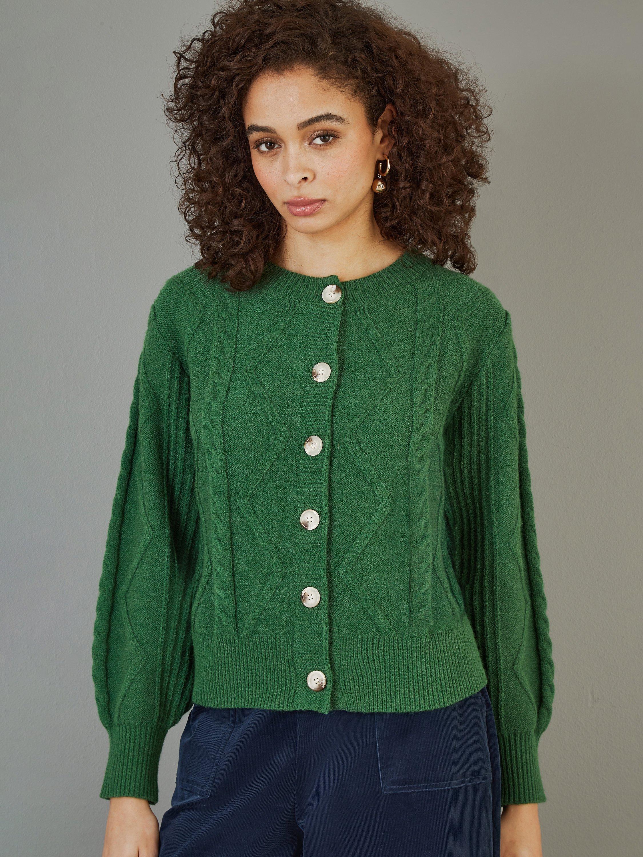 Product image 1 of 5, which shows Yumi Chunky Cable Knit Cardigan, Green, S