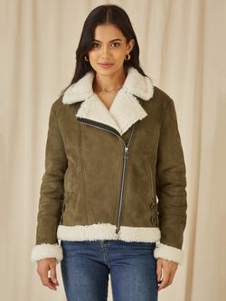 Yumi Faux Suede Biker Jacket, Green, Green