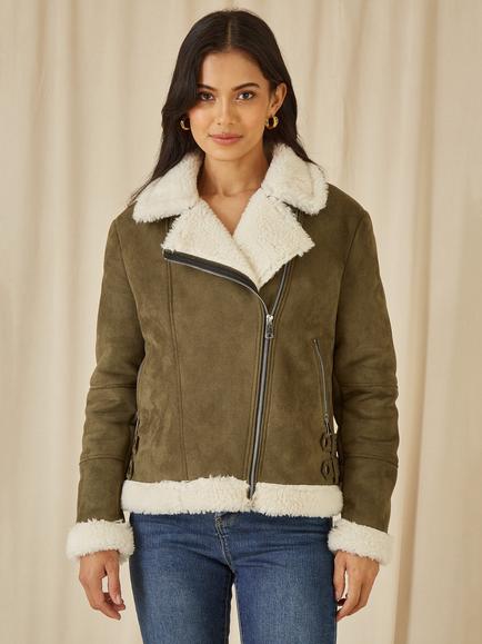 Yumi Faux Suede Biker Jacket, Green, Green