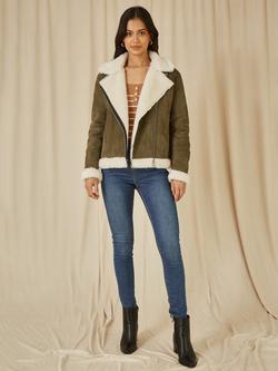 Yumi Faux Suede Biker Jacket, Green - view 2, Green