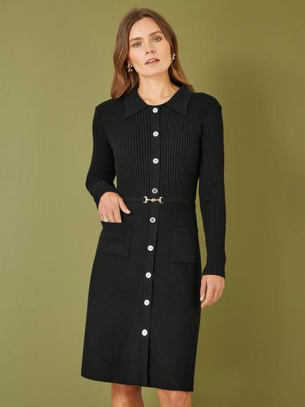 Yumi Rib Knitted Shirt Dress, Black, Black
