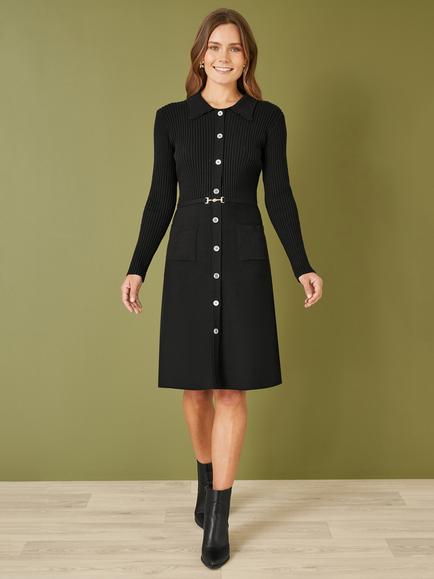 Yumi Rib Knitted Shirt Dress, Black - view 2, Black
