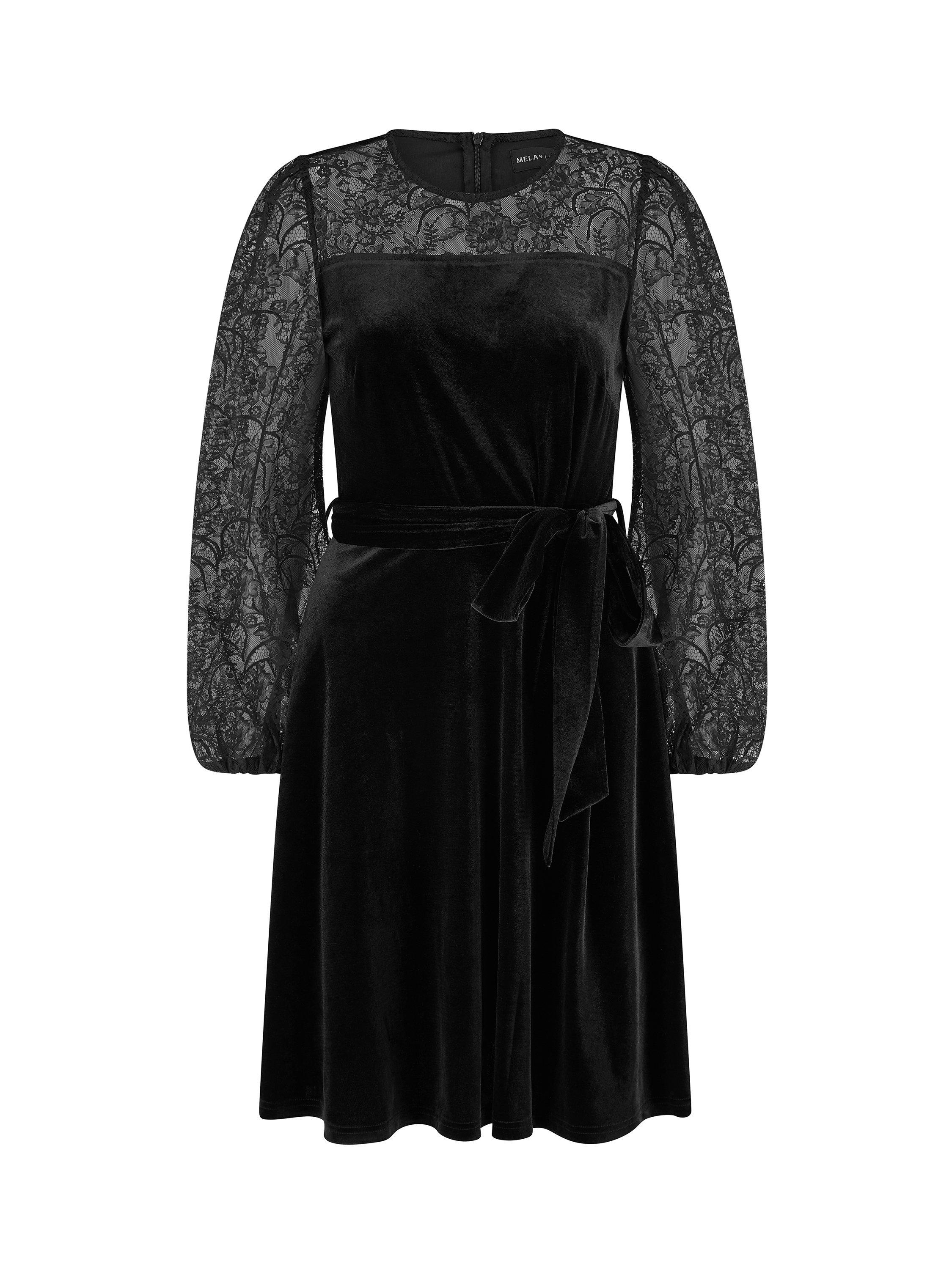 Product image 5 of 5, which shows Yumi Velvet Lace Sleeve Skater Dress, Black, 8