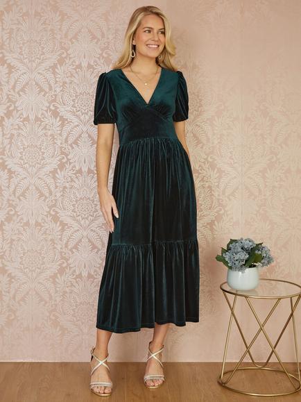 Yumi Velvet Ruched Waist Midi Dress, Green, Green