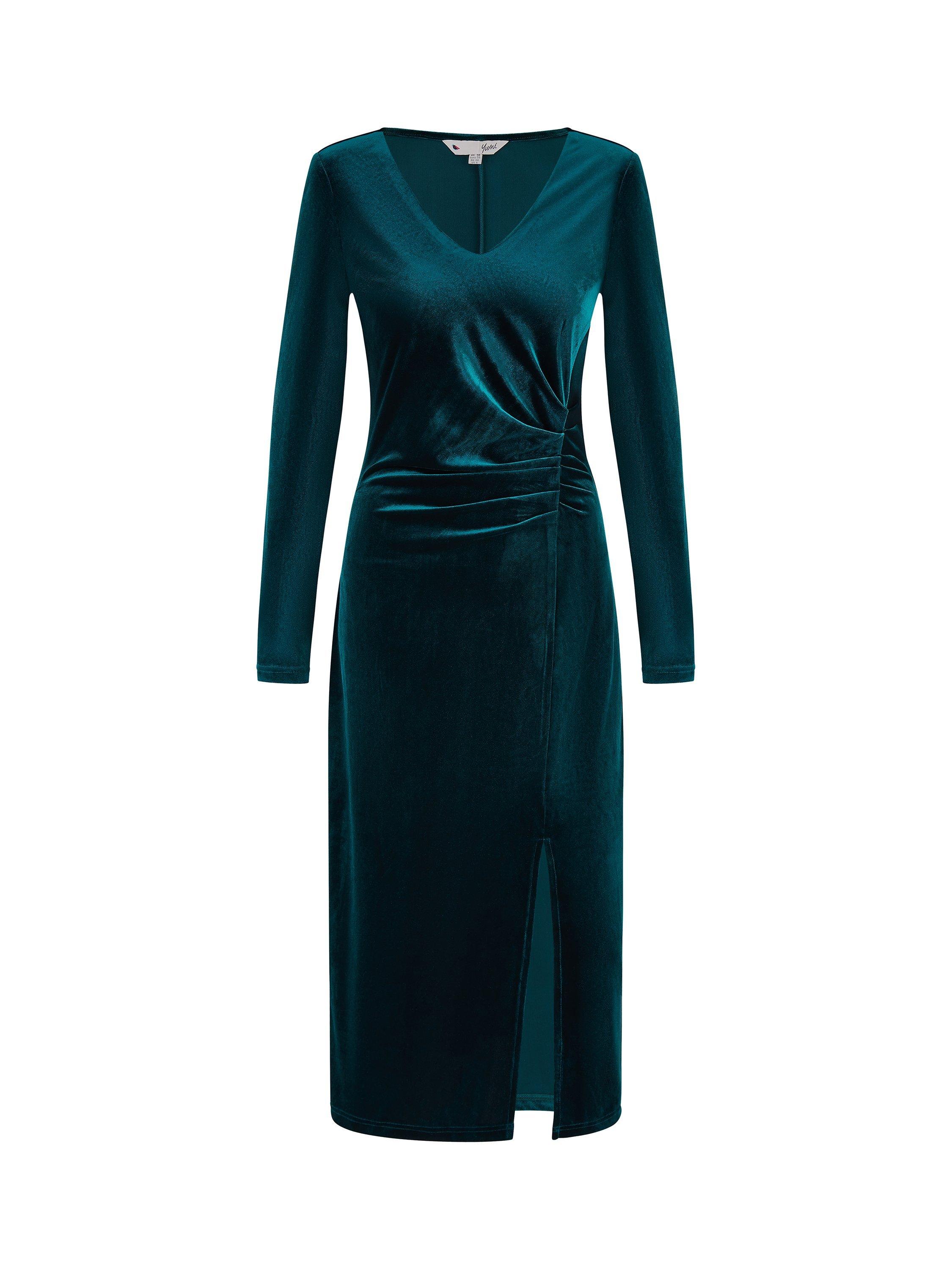 Product image 5 of 5, which shows Yumi Velvet V-Neck Ruched Midi Dress, Green, 8