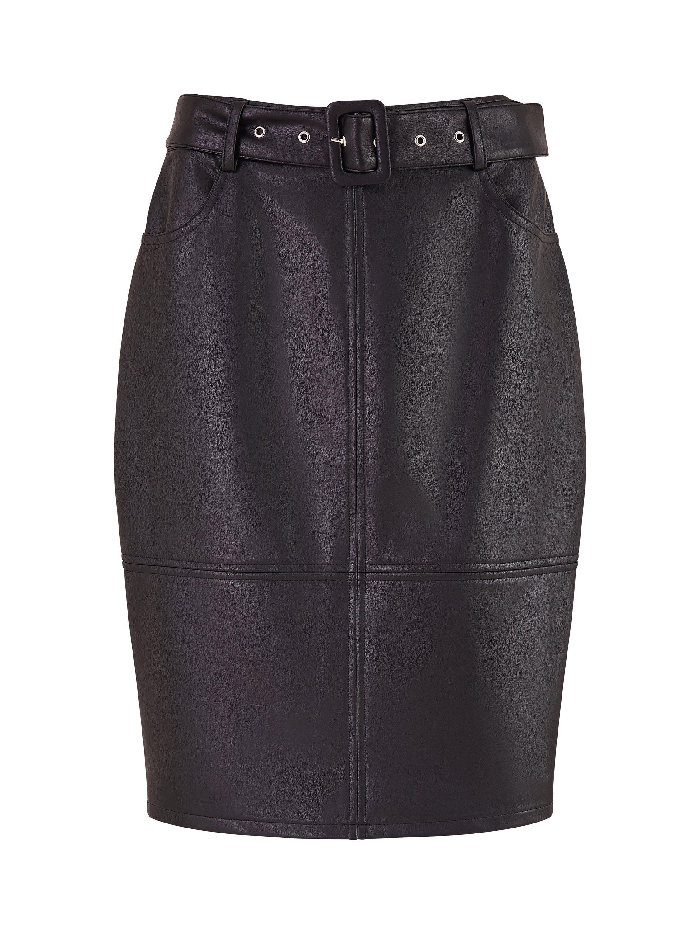 Yumi Faux Leather Belted Pencil Skirt Black