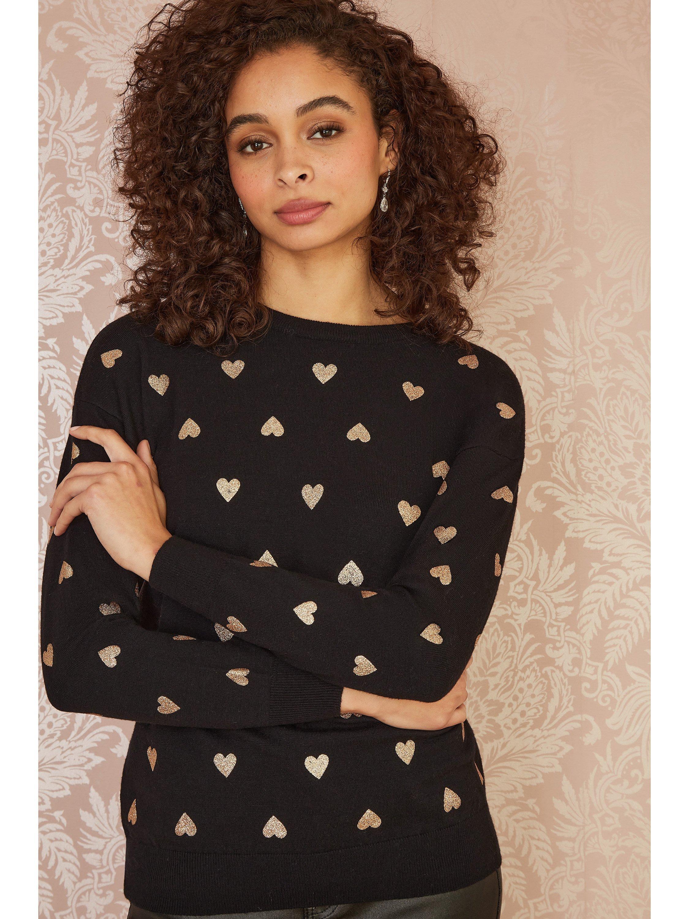 Product image 1 of 5, which shows Yumi Gold Foil Heart Jumper, Black, S