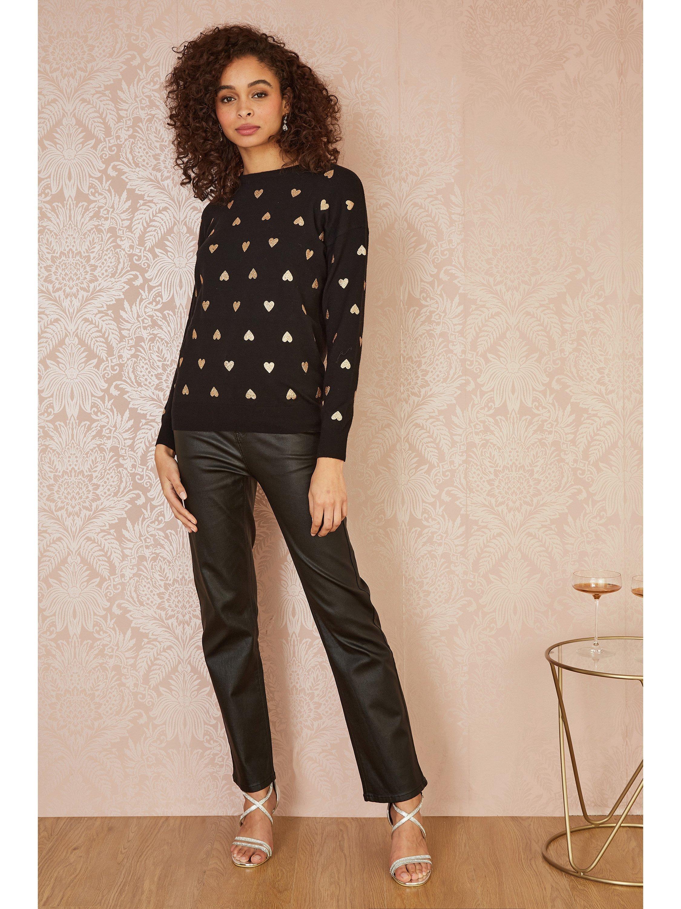 Product image 2 of 5, which shows Yumi Gold Foil Heart Jumper, Black, S