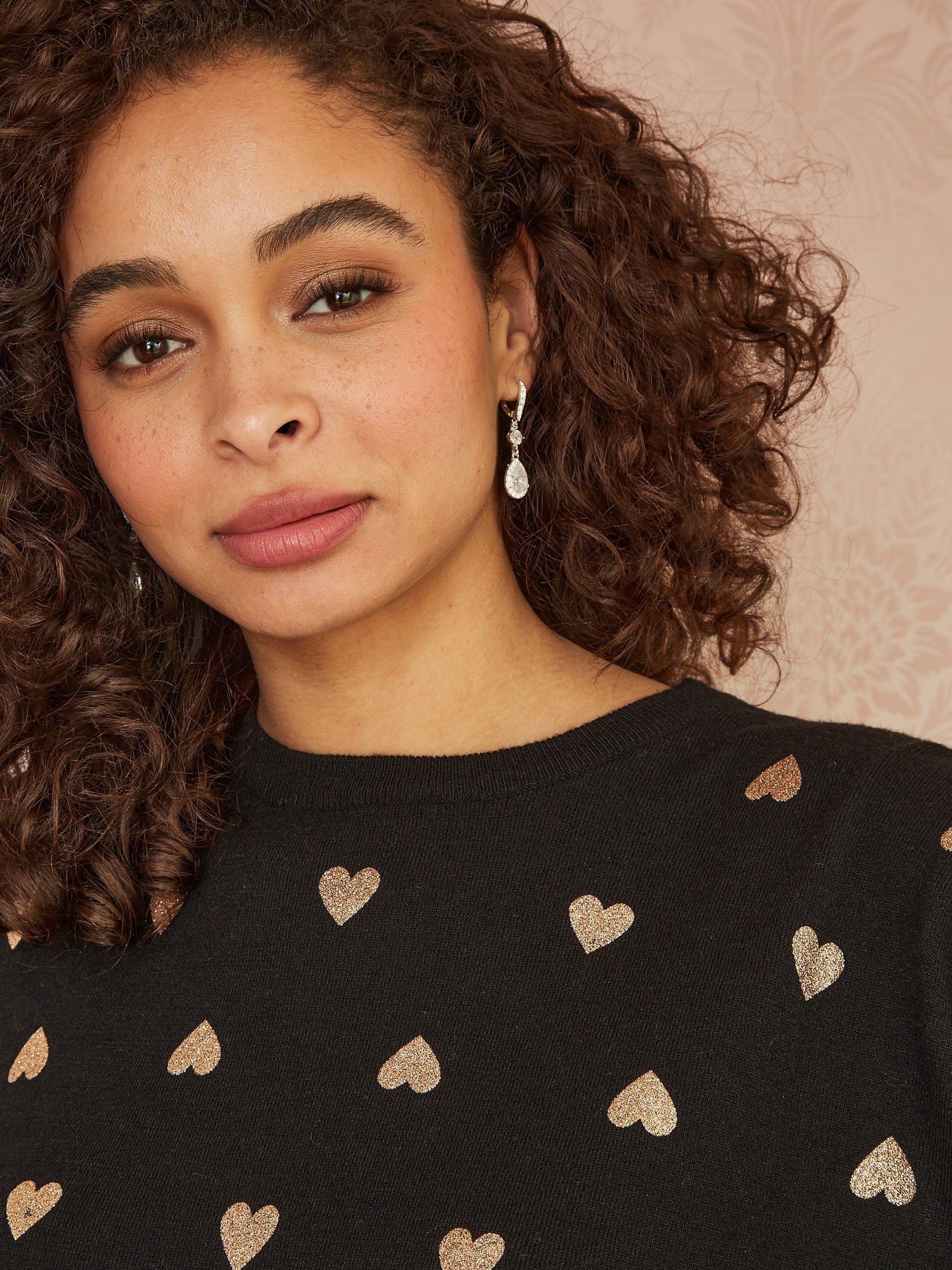 Product image 4 of 5, which shows Yumi Gold Foil Heart Jumper, Black, S