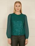 Yumi Sequin Sheer Sleeve Top, Green