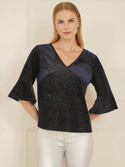Yumi Sparkle Velvet Fluted Sleeve Blouse, Navy, Navy