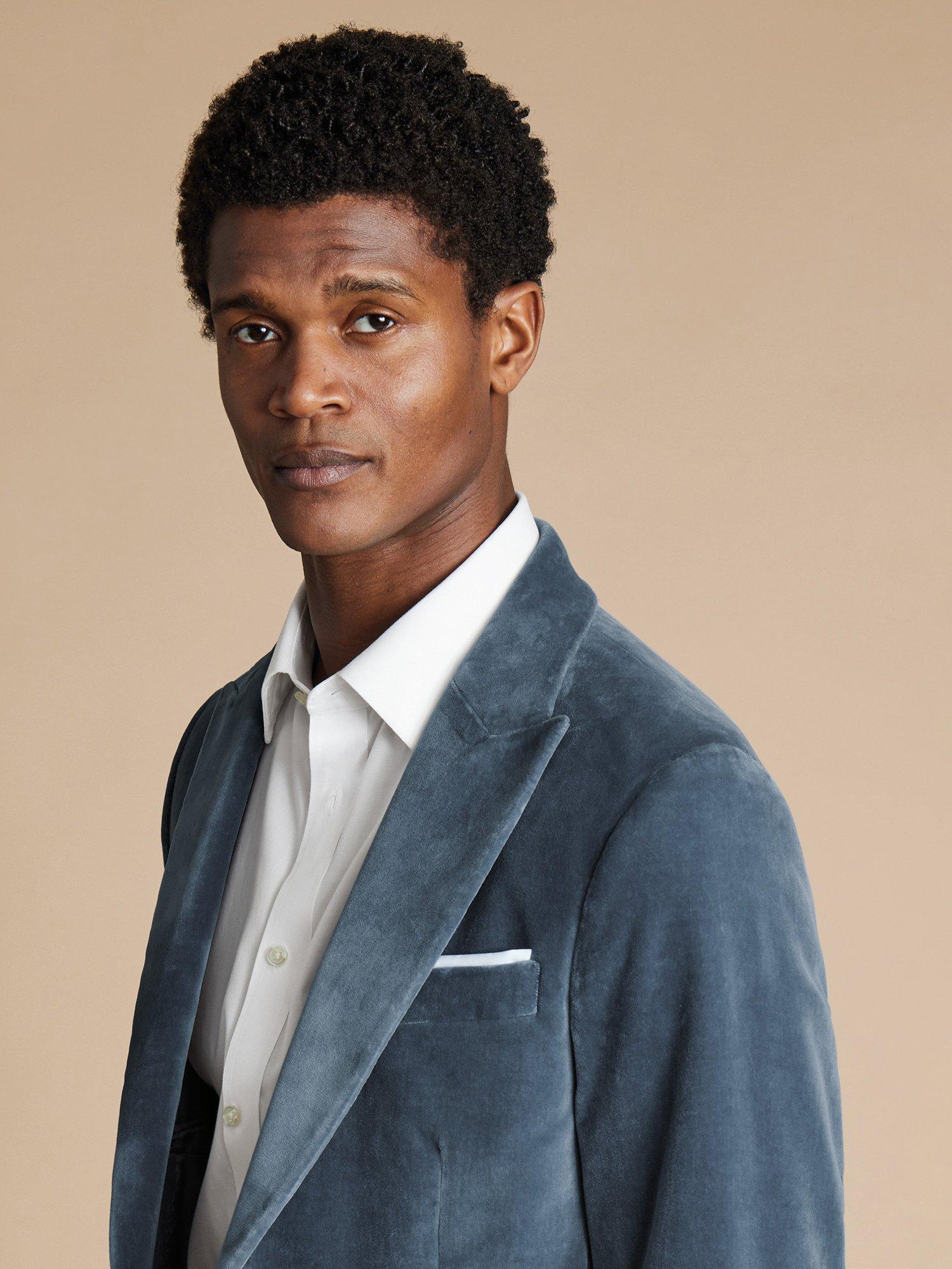 Product image 4 of 6, which shows Charles Tyrwhitt Tailored Fit Velvet Suit Jacket, Airforce Blue, 44R