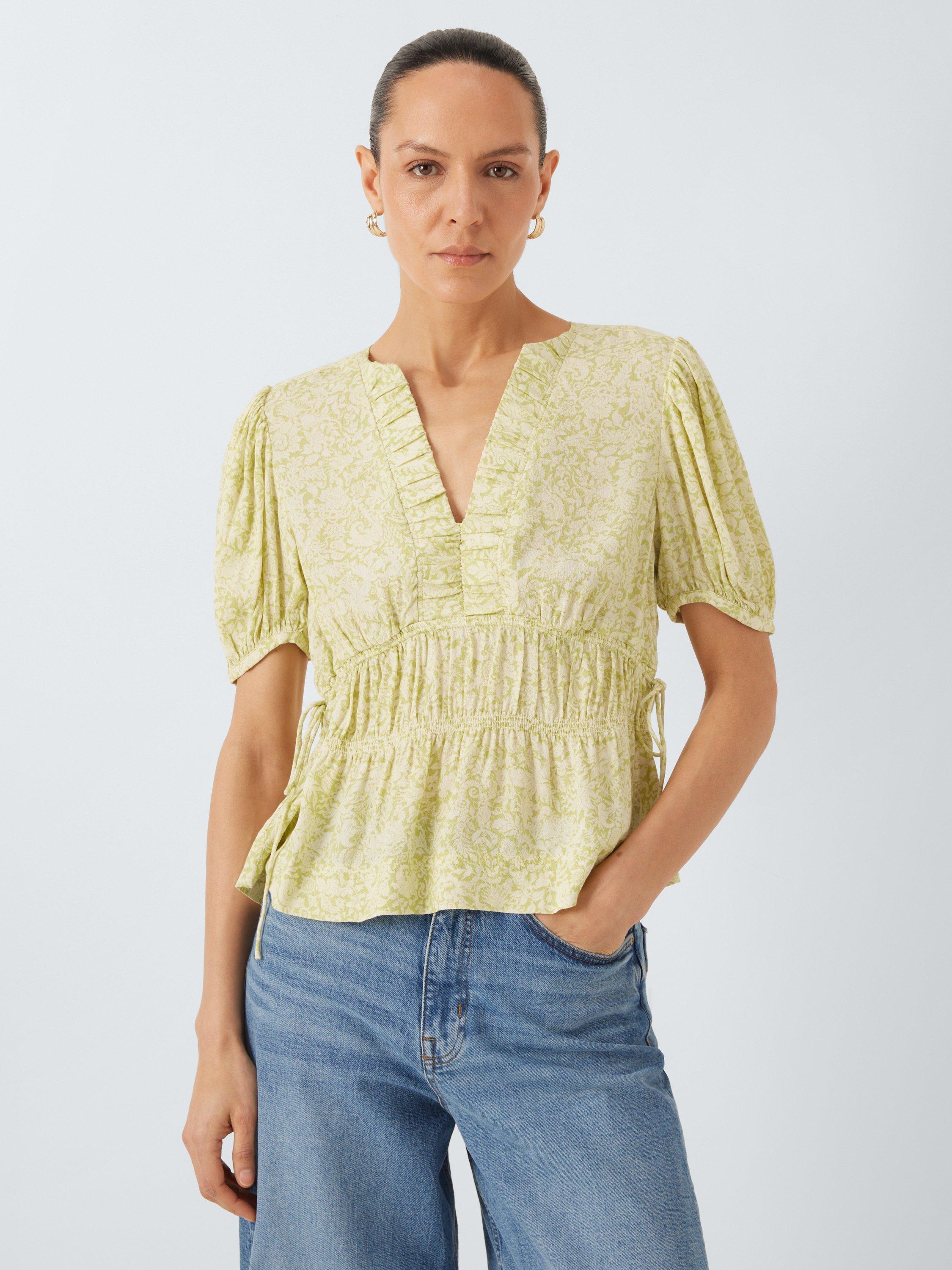 John Lewis Sea Floral Print V-Neck Tie Detail Blouse, Lime Green