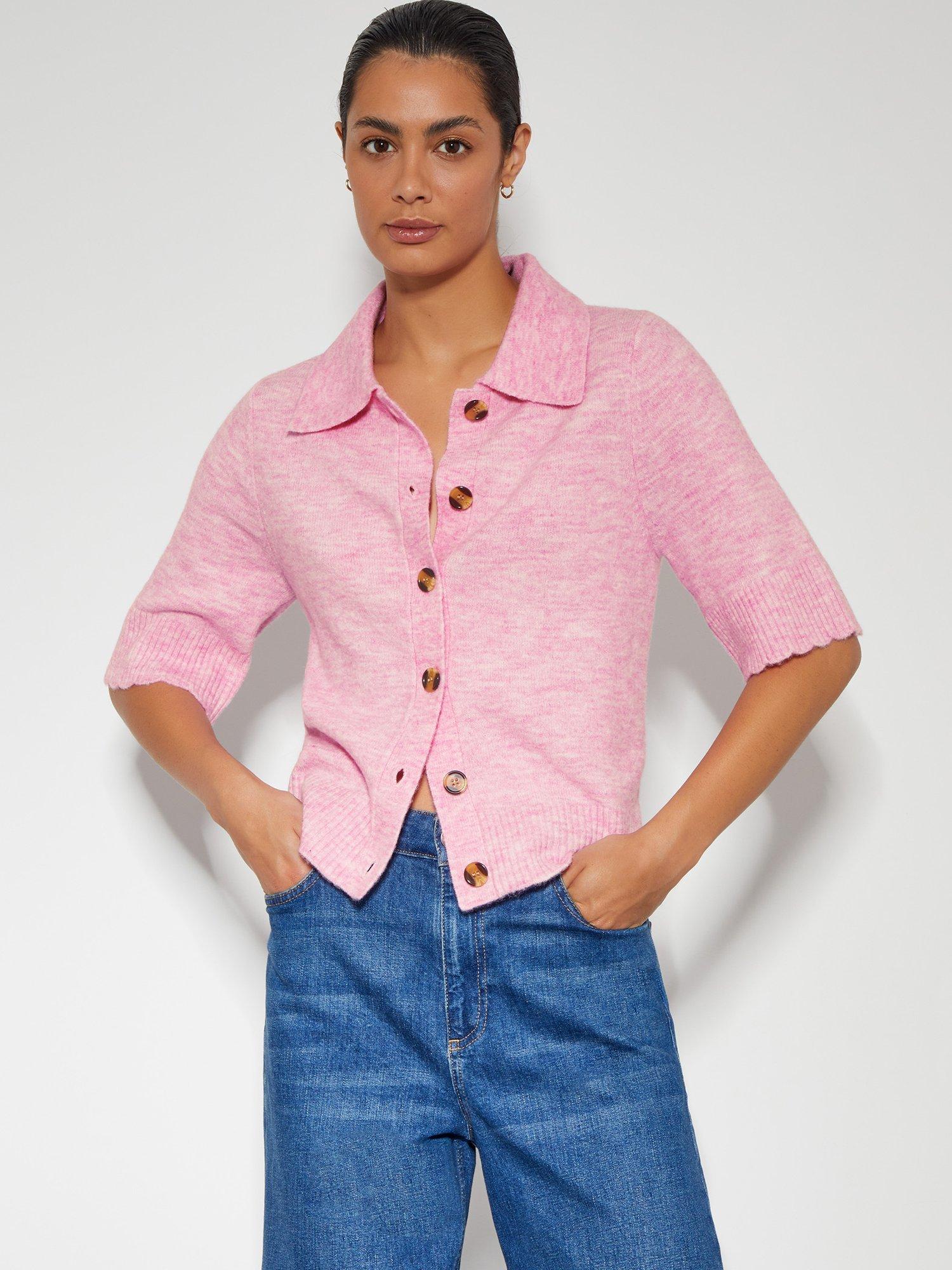 Monsoon Cindy Collar Short Sleeve Cardigan, Pink