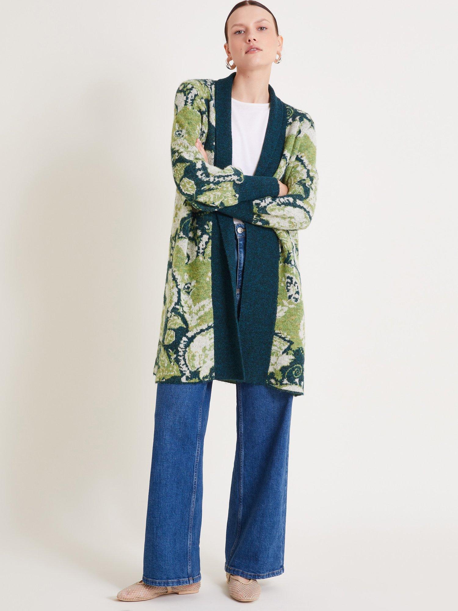Monsoon Ember Print Longline Cardigan, Green/Multi