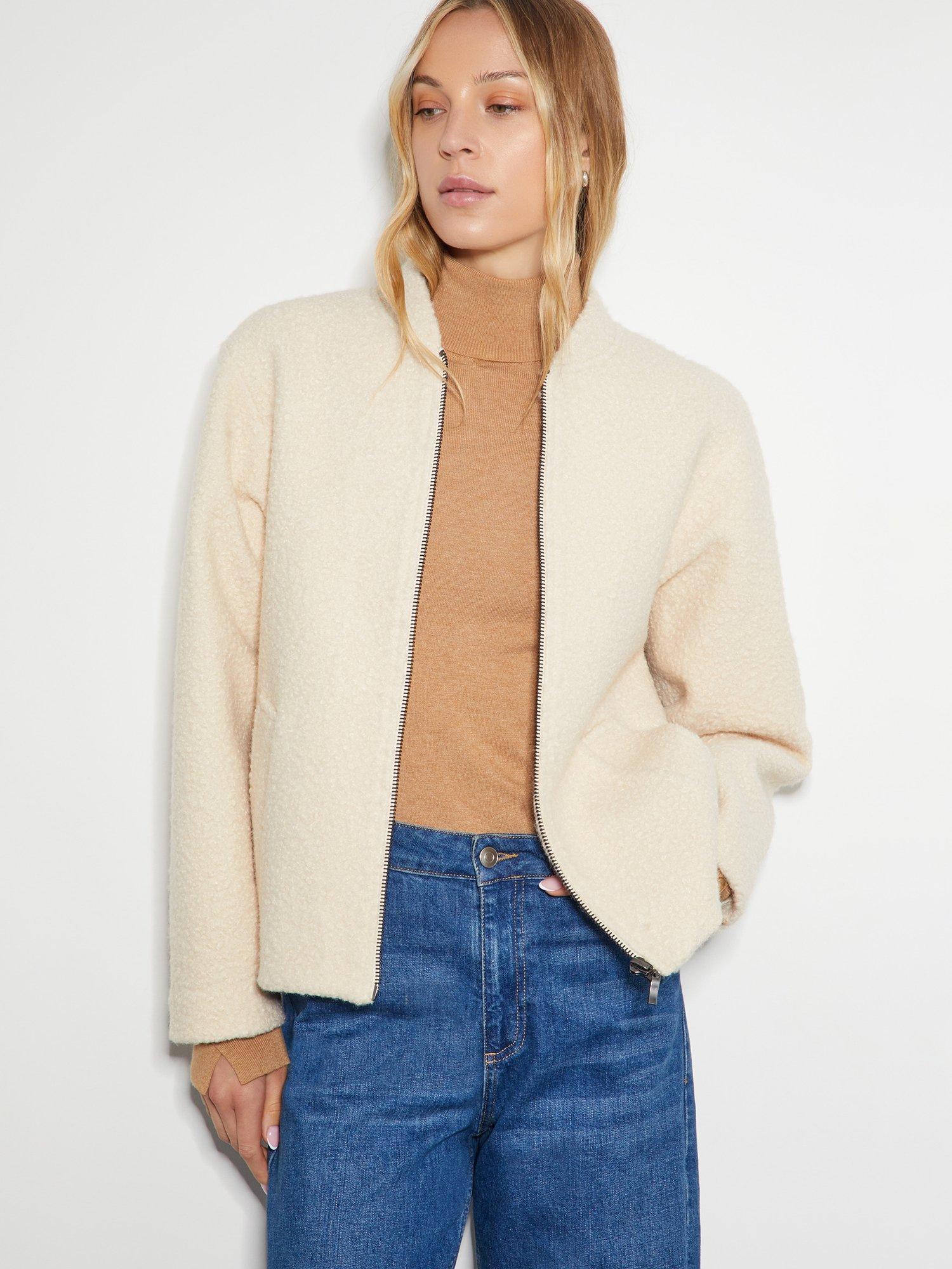 Monsoon Jade Boucle Bomber Jacket, Ivory
