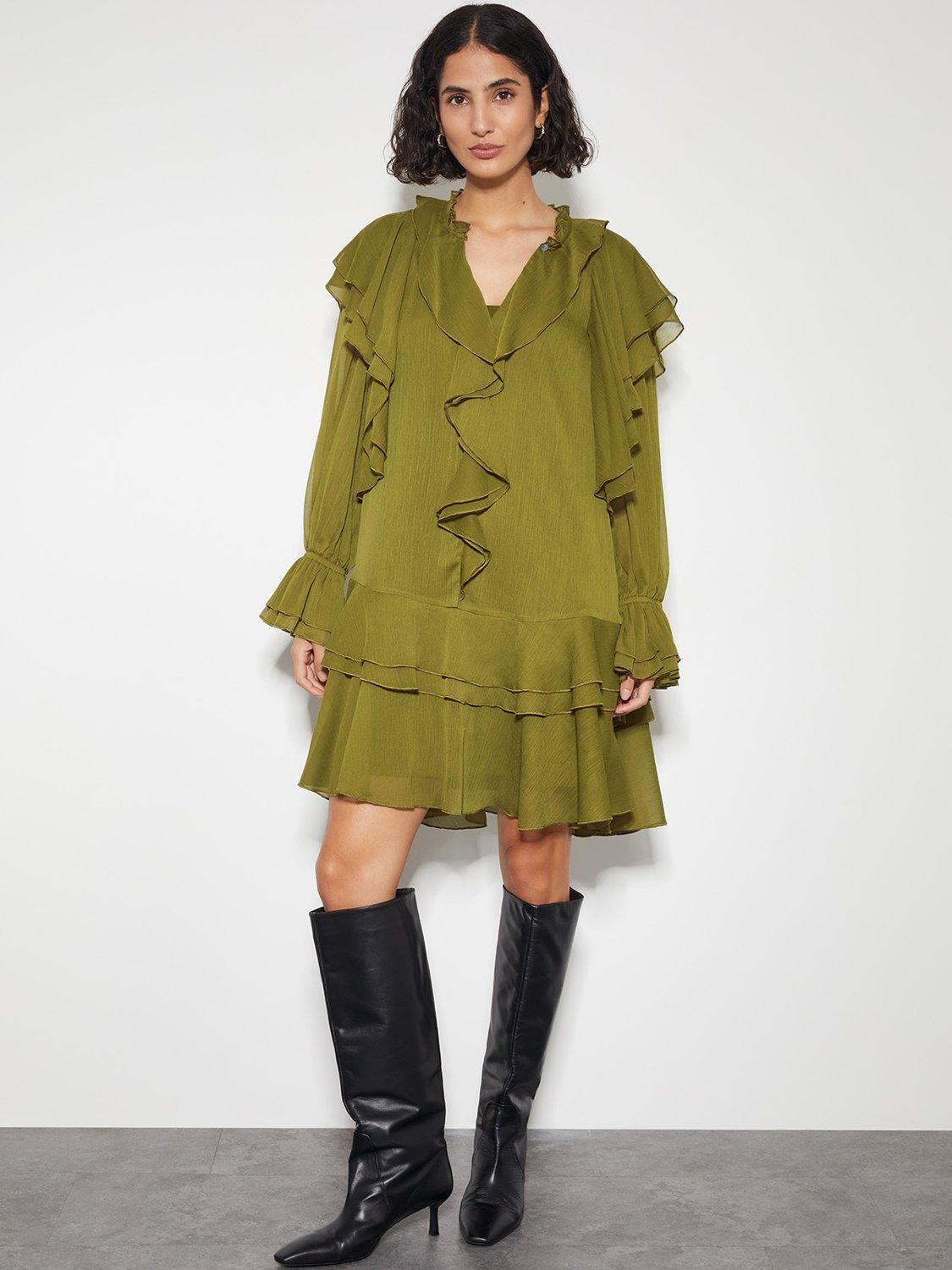 Product image 1 of 1, which shows Monsoon Aria Frill Dress, Olive, S