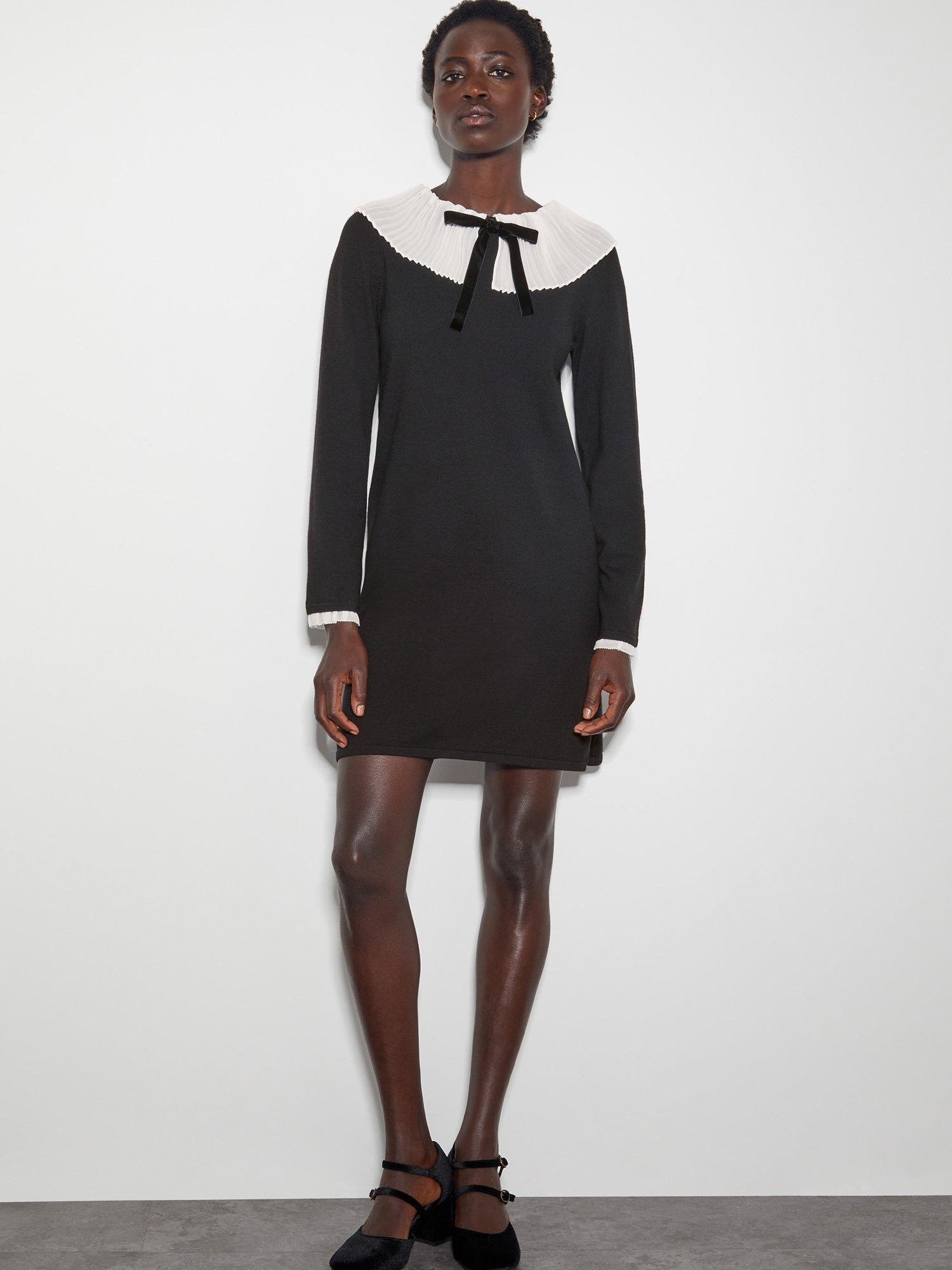 Product image 1 of 6, which shows Monsoon Cree Pleat Bow Dress, Black, S