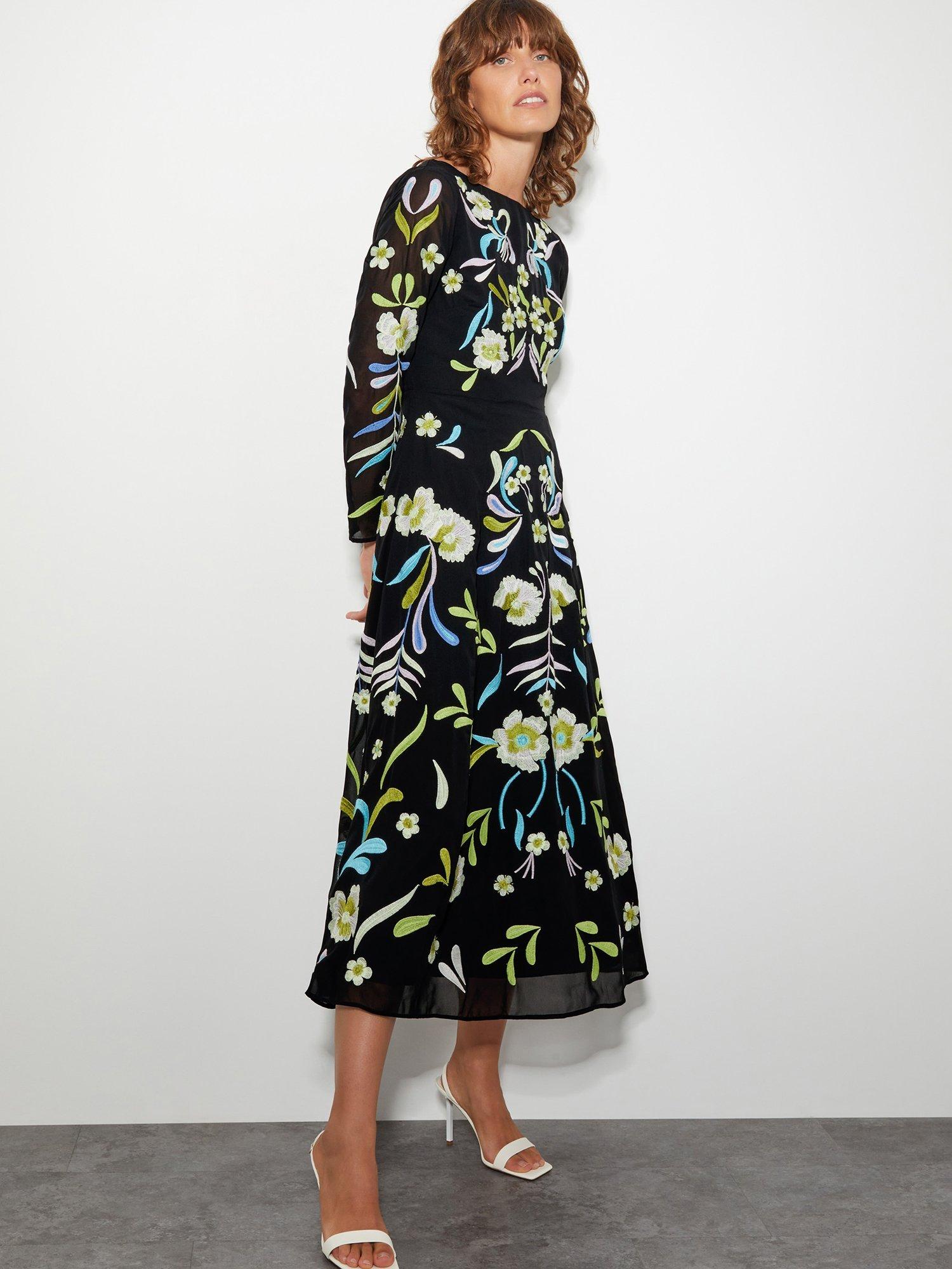 Monsoon Ellen Embroidered Dress, Black/Multi
