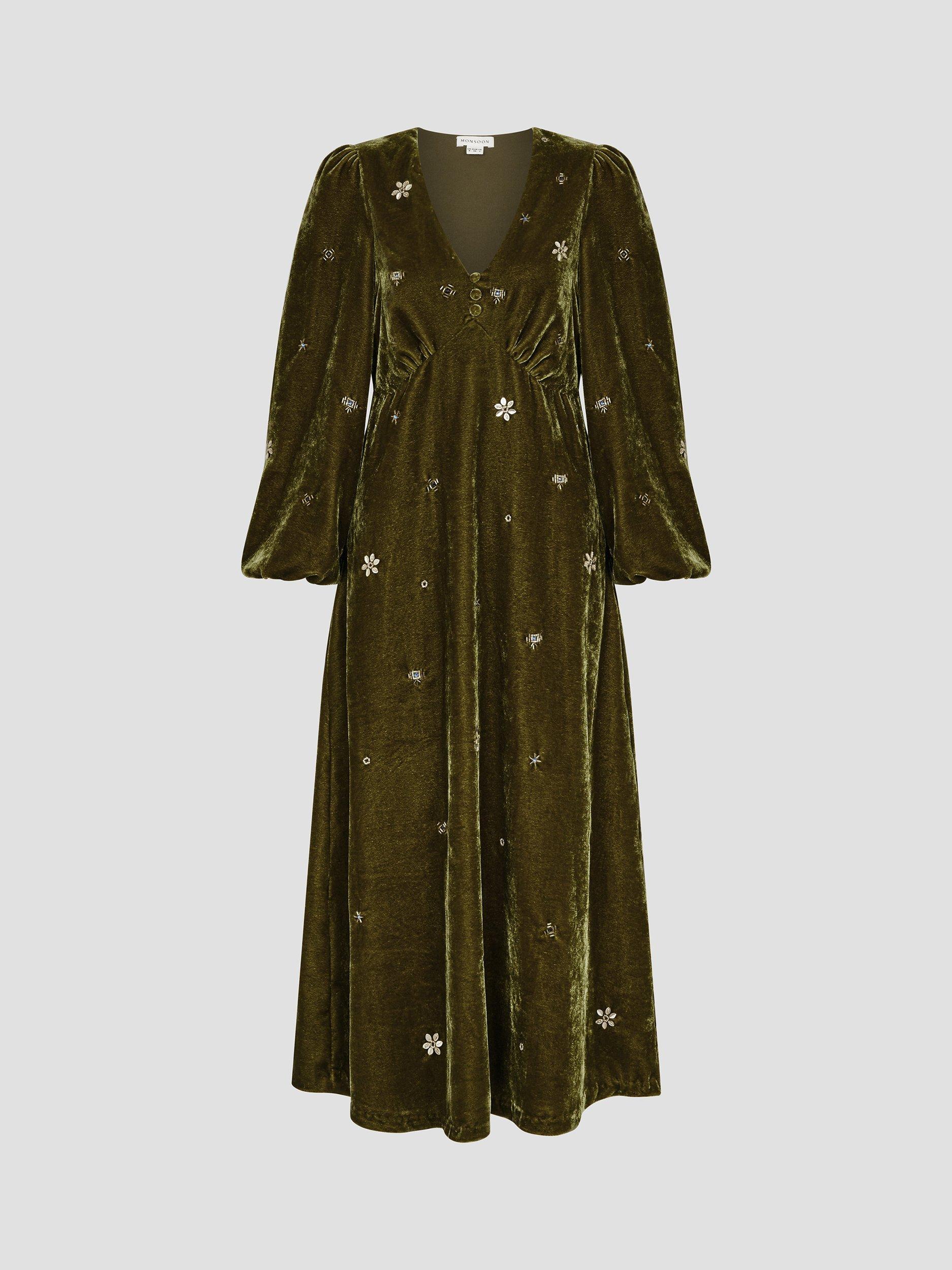 Product image 3 of 6, which shows Monsoon Joyce Velvet Tea Dress, Ochre, 8