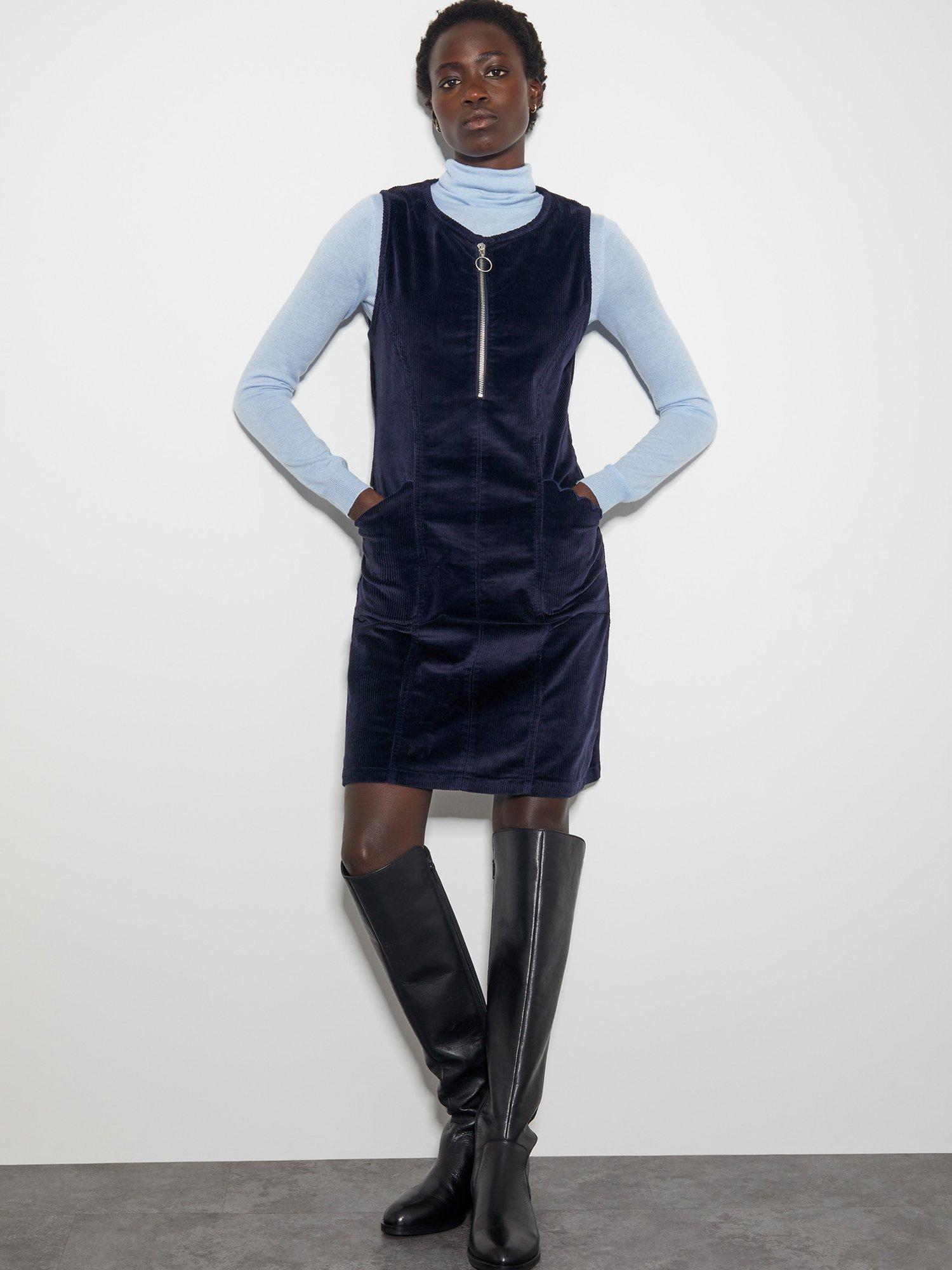 Monsoon Soha Corduroy Pinafore Dress, Navy, M