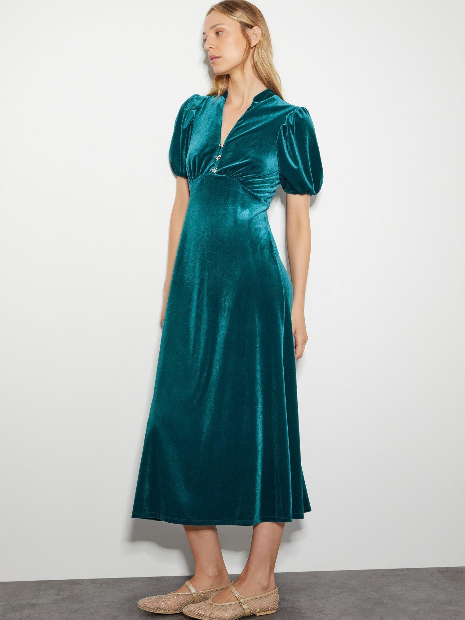 Product image 1 of 5, which shows Monsoon Veronique Velvet Dress, Green Turquoise, 8