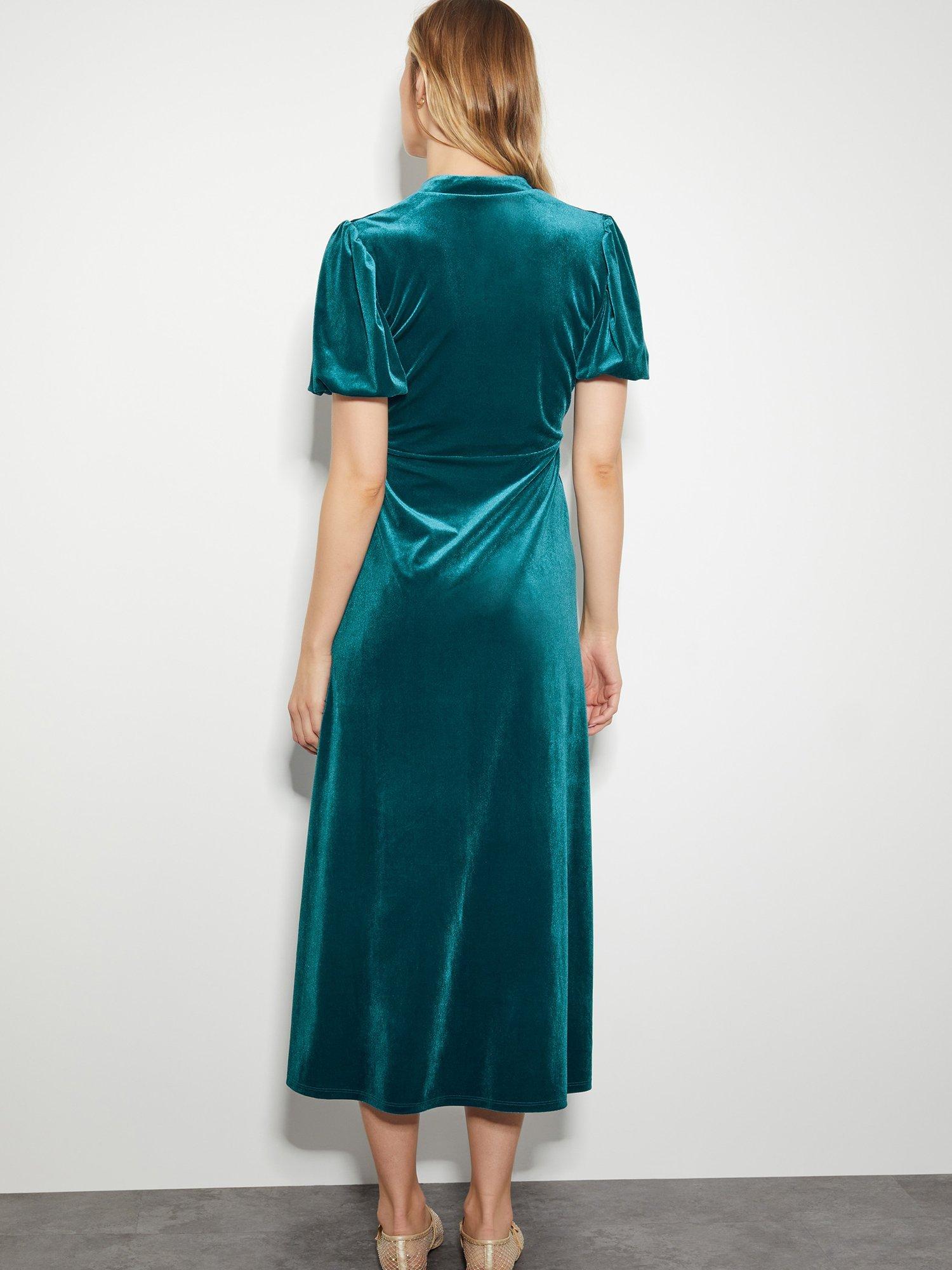 Product image 2 of 5, which shows Monsoon Veronique Velvet Dress, Green Turquoise, 8