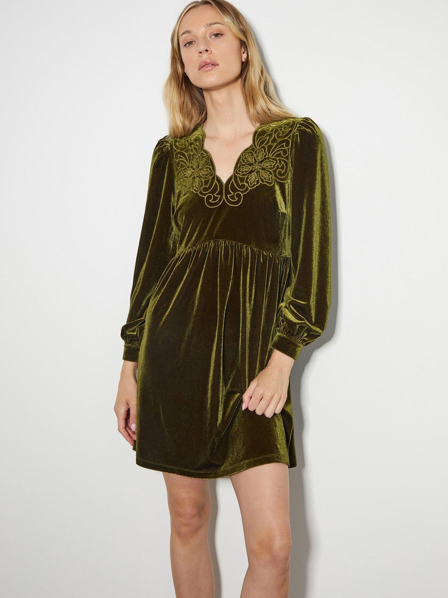 Monsoon Vicki Velvet Mini Dress, Green