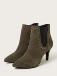 Monsoon Oriana Suede Slim Kitten Heeled Ankle Boots, Khaki