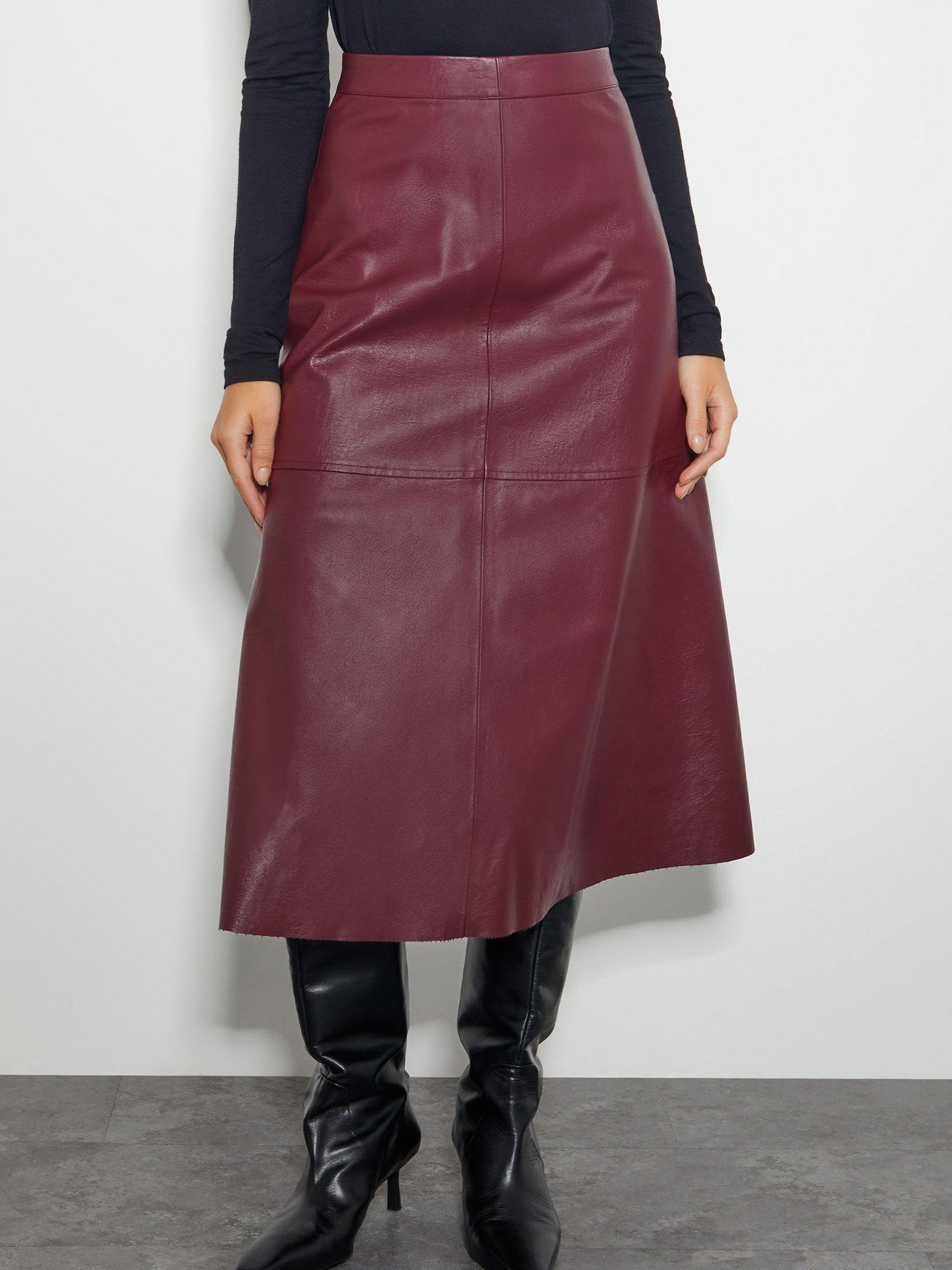 Product image 1 of 5, which shows Monsoon Pippa Leather Midi Skirt, Burgundy, 24