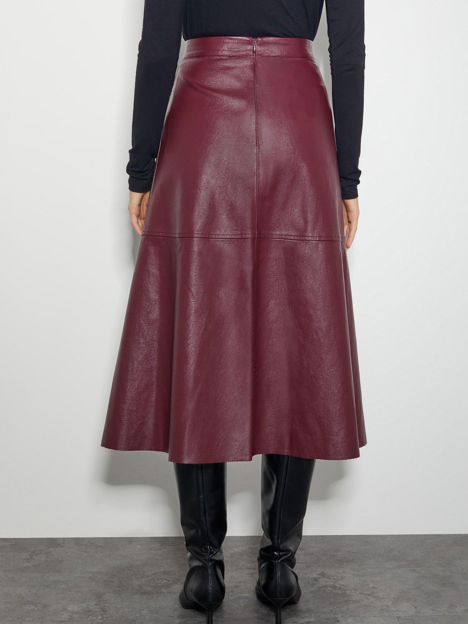 Product image 2 of 5, which shows Monsoon Pippa Leather Midi Skirt, Burgundy, 24