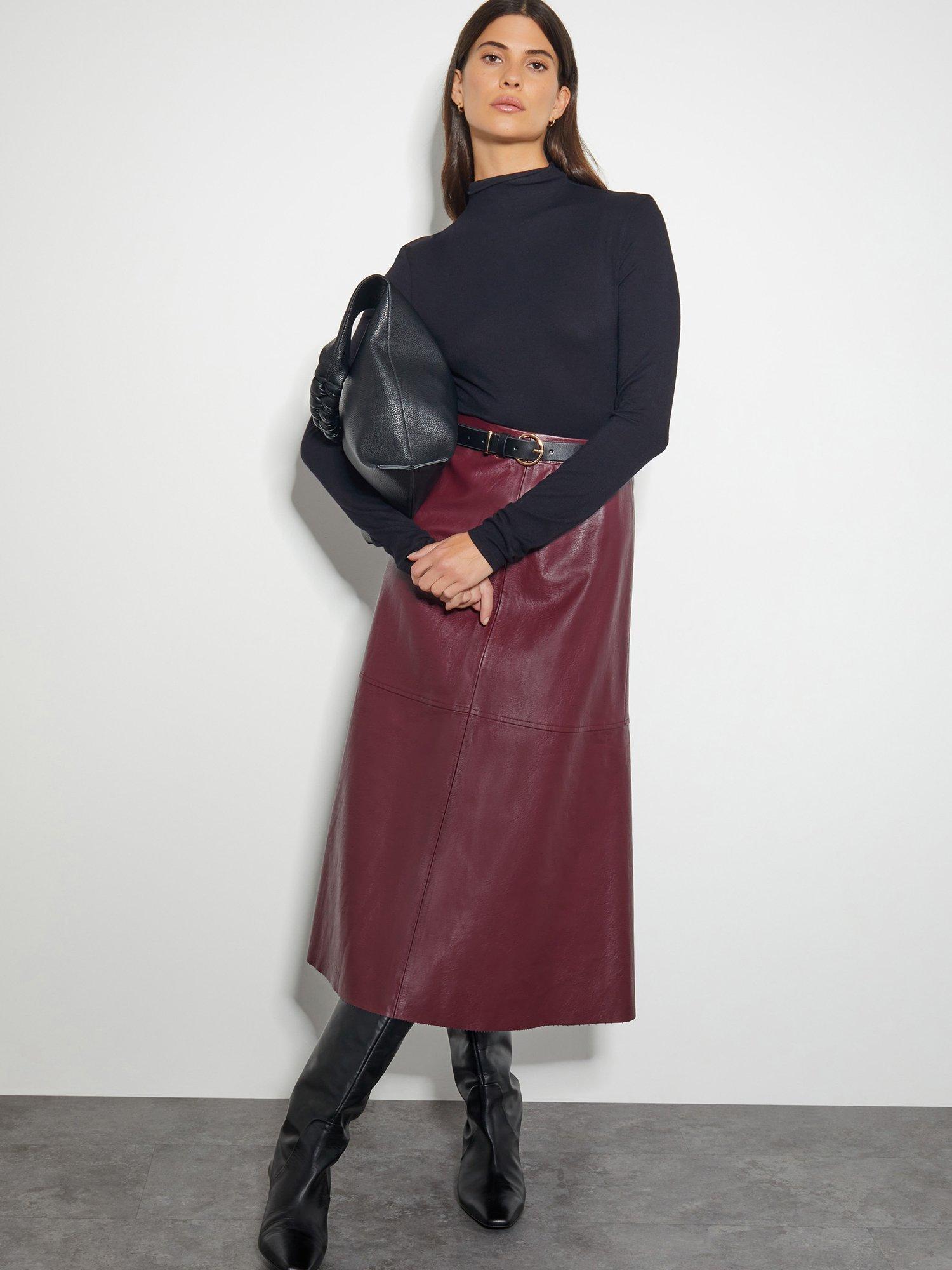 Product image 3 of 5, which shows Monsoon Pippa Leather Midi Skirt, Burgundy, 24